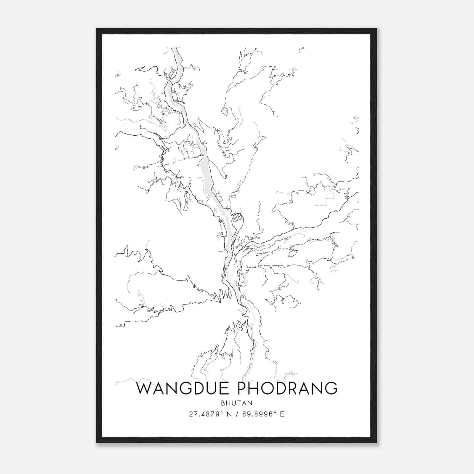Wangdue Phodrang Bhutan Map Poster, Wangdue Phodrang City Road Wall Art Print