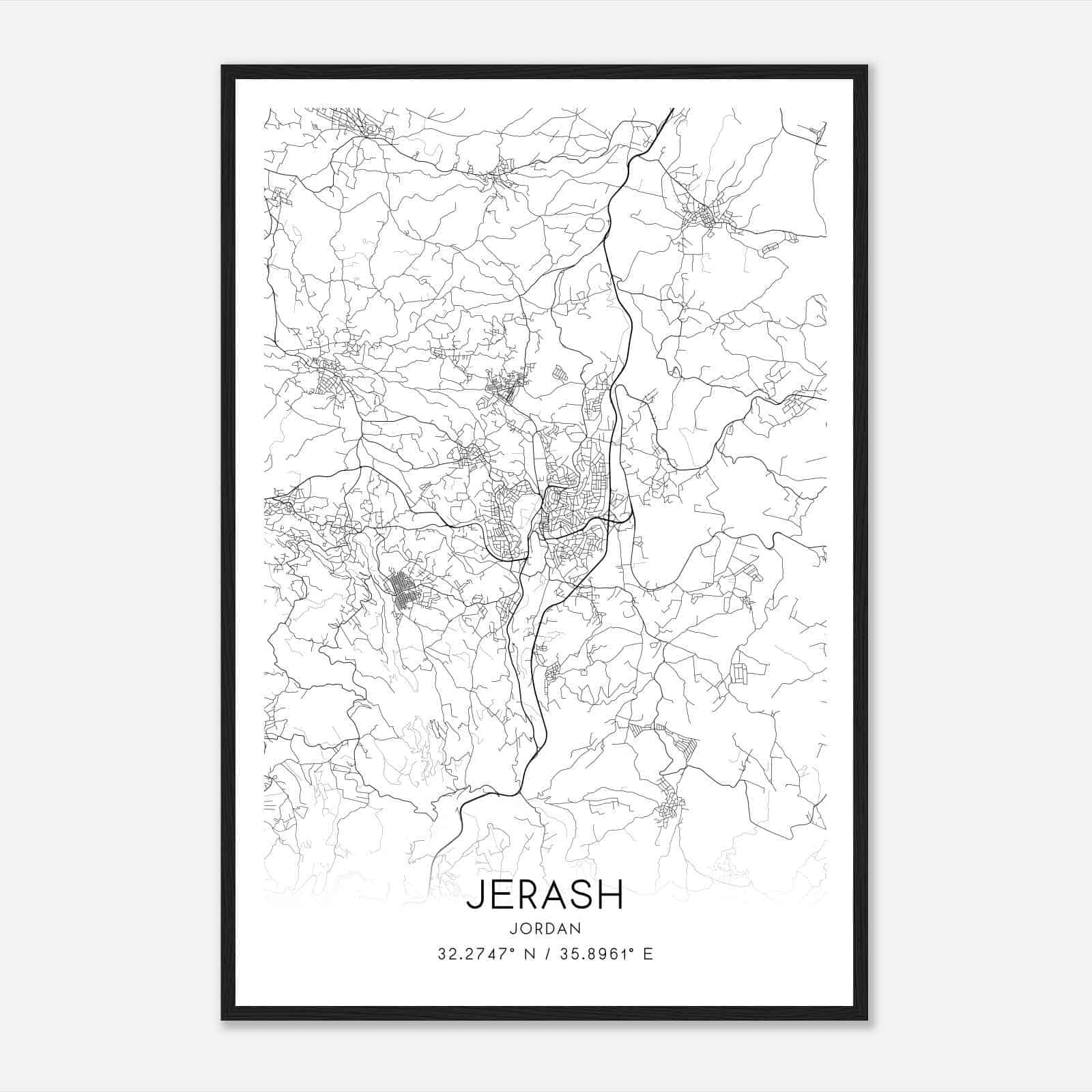 Jerash Jordan Map Poster, Jerash City Road Wall Art Print