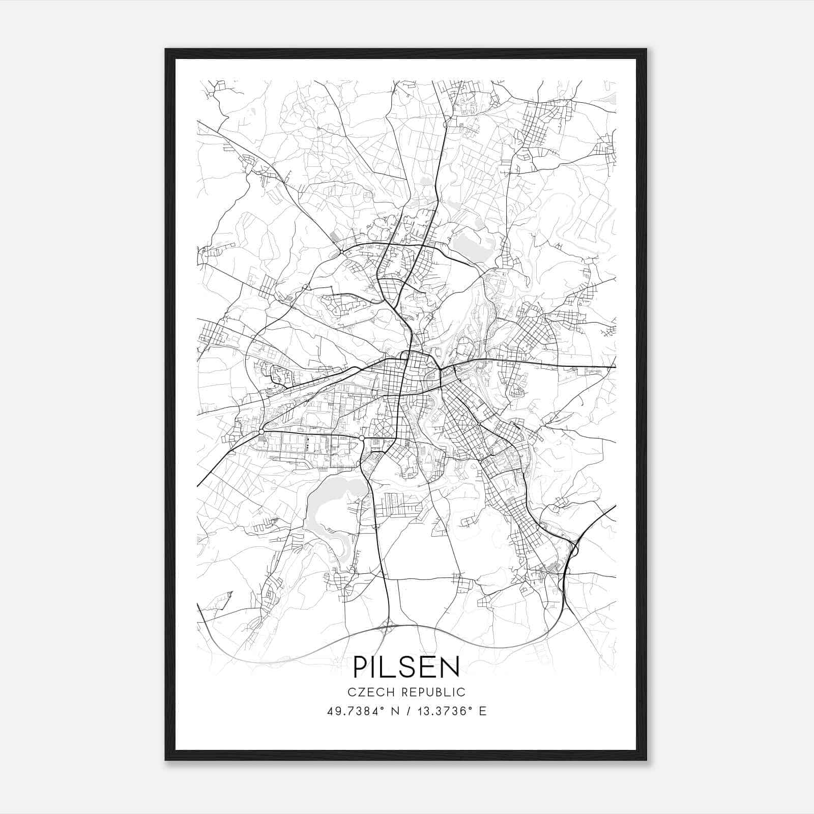 Pilsen Czech Republic Map Poster, Pilsen City Road Wall Art Print