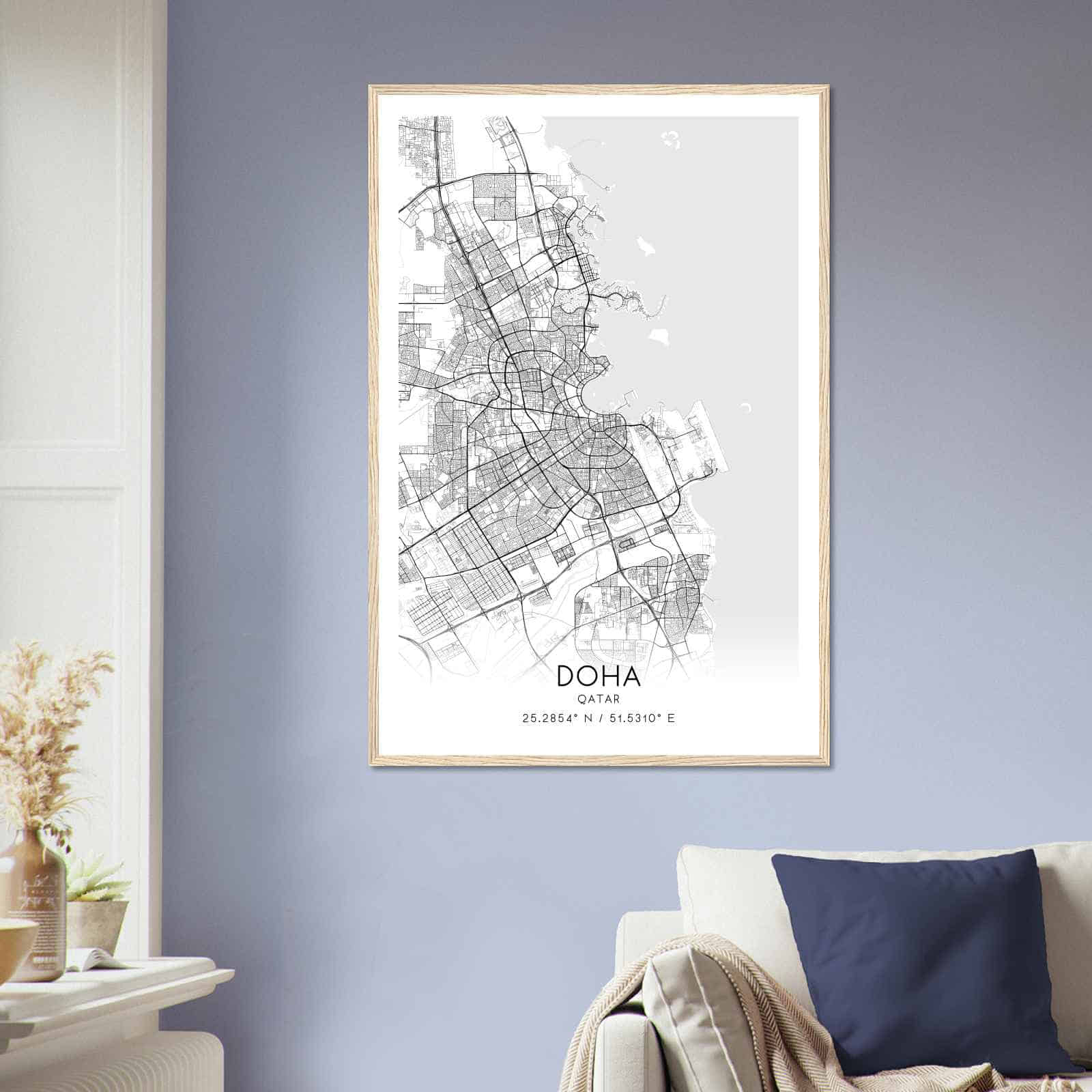 Doha Qatar Map Poster, Doha City Road Wall Art Print