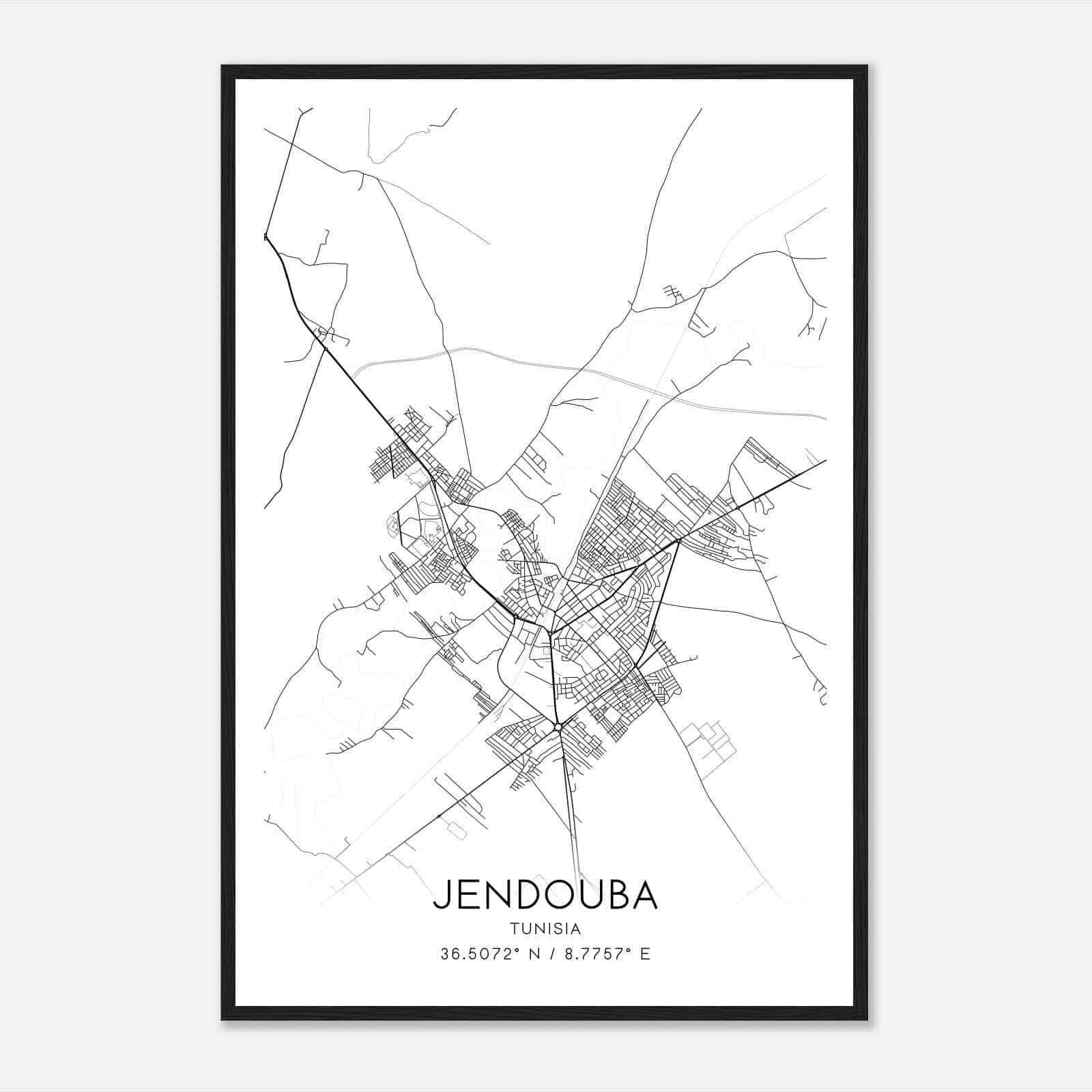 Jendouba Tunisia Map Poster, Jendouba City Road Wall Art Print