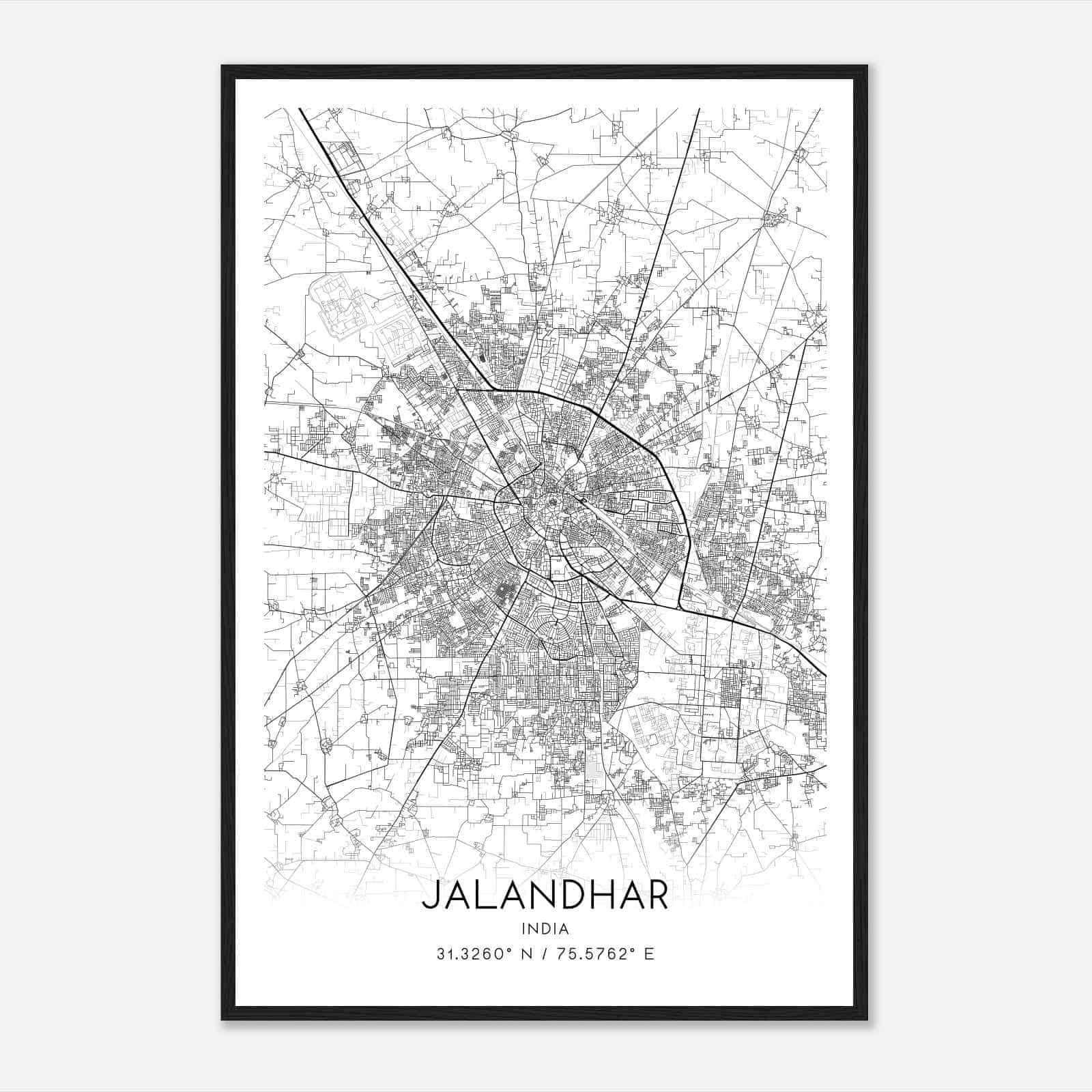 Jalandhar India Map Poster, Jalandhar City Road Wall Art Print