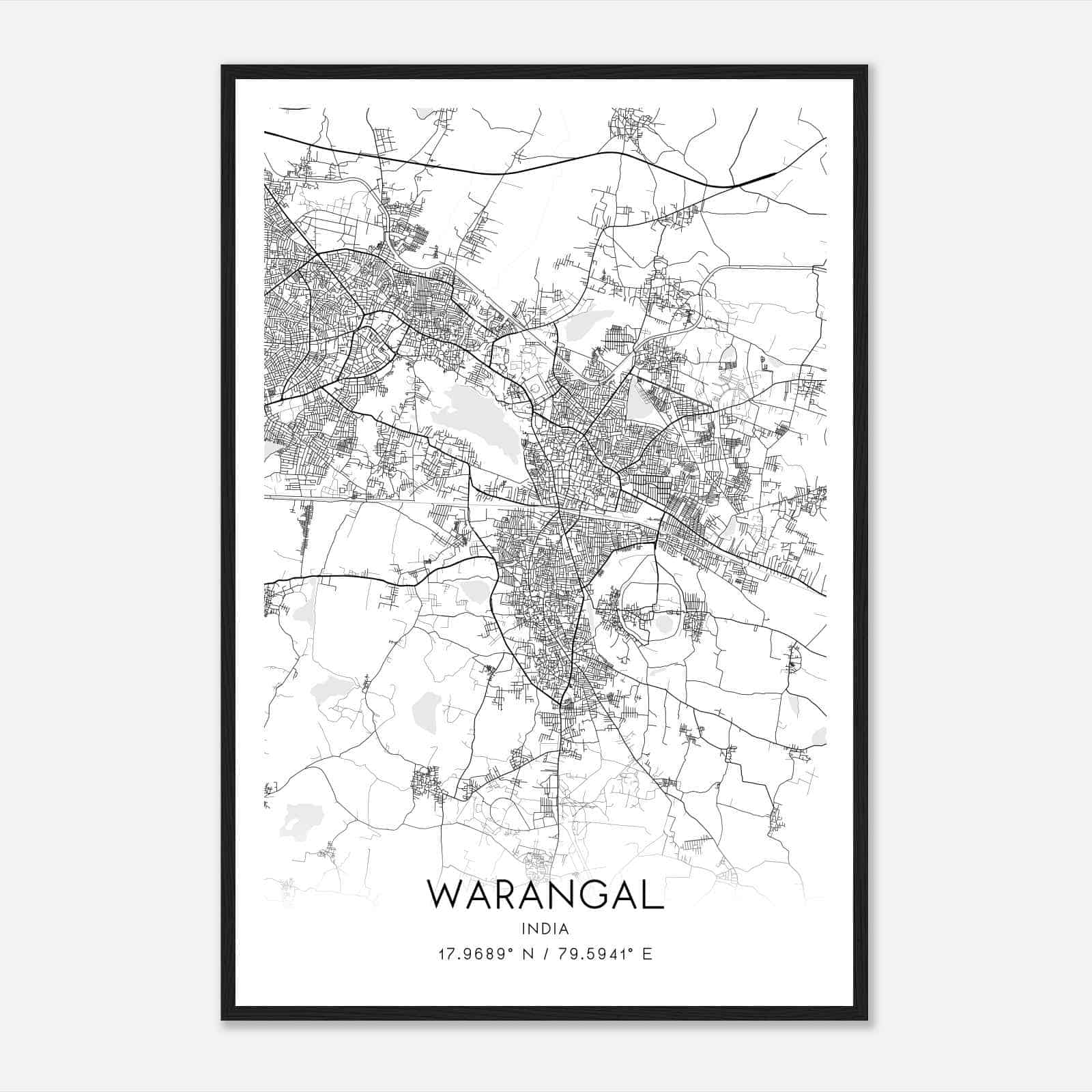 Warangal India Map Poster, Warangal City Road Wall Art Print