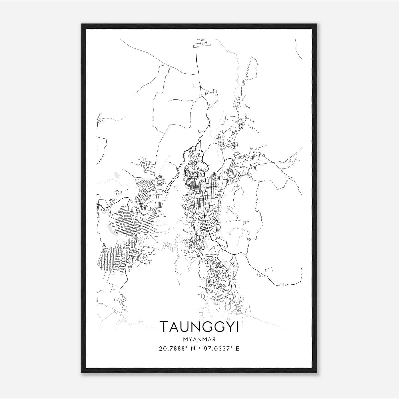 Taunggyi Myanmar Map Poster, Taunggyi City Road Wall Art Print