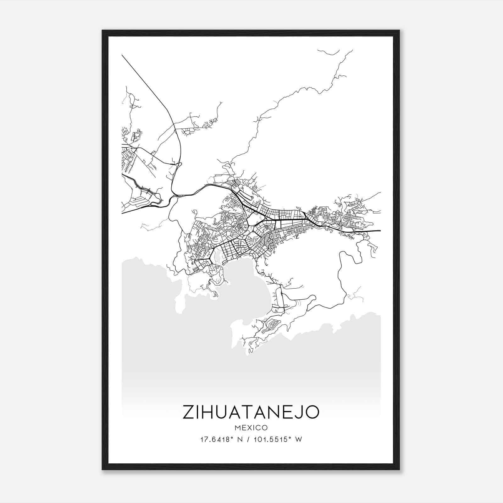 Zihuatanejo Mexico Map Poster, Zihuatanejo City Road Wall Art Print
