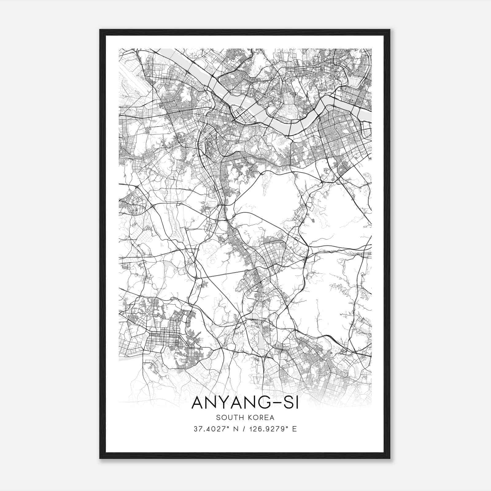 Anyangsi South Korea Map Poster, Anyangsi City Road Wall Art Print