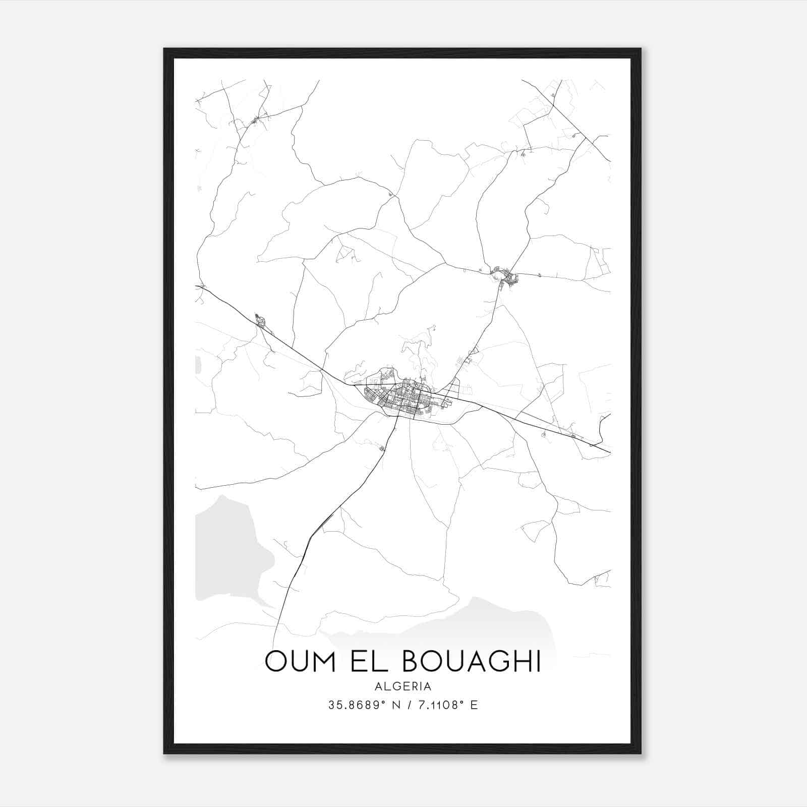 Oum El Bouaghi Algeria Map Poster, Oum El Bouaghi City Road Wall Art Print