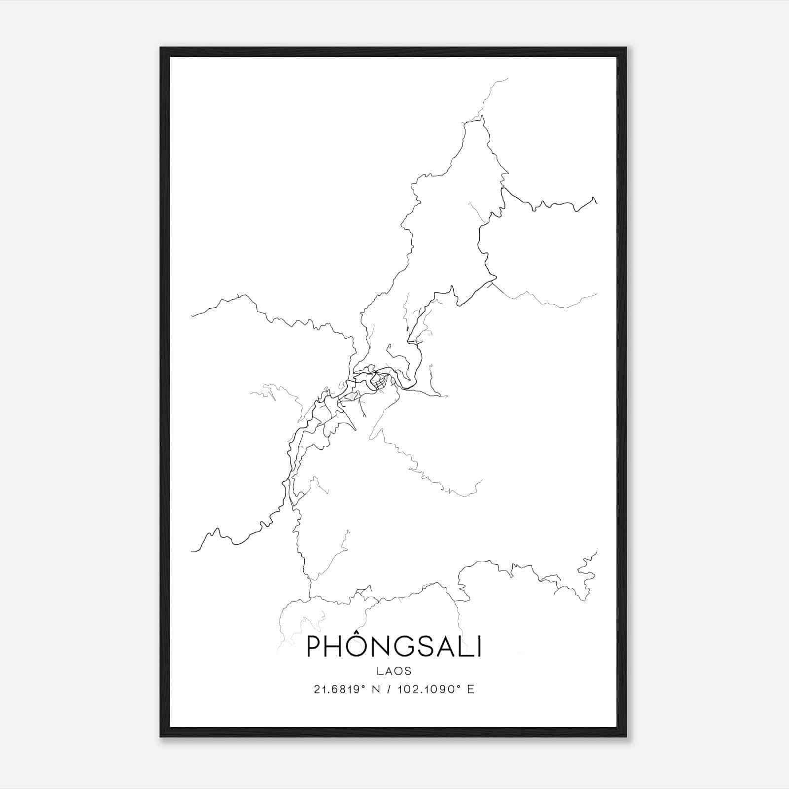 Phongsali Laos Map Poster, Phongsali City Road Wall Art Print