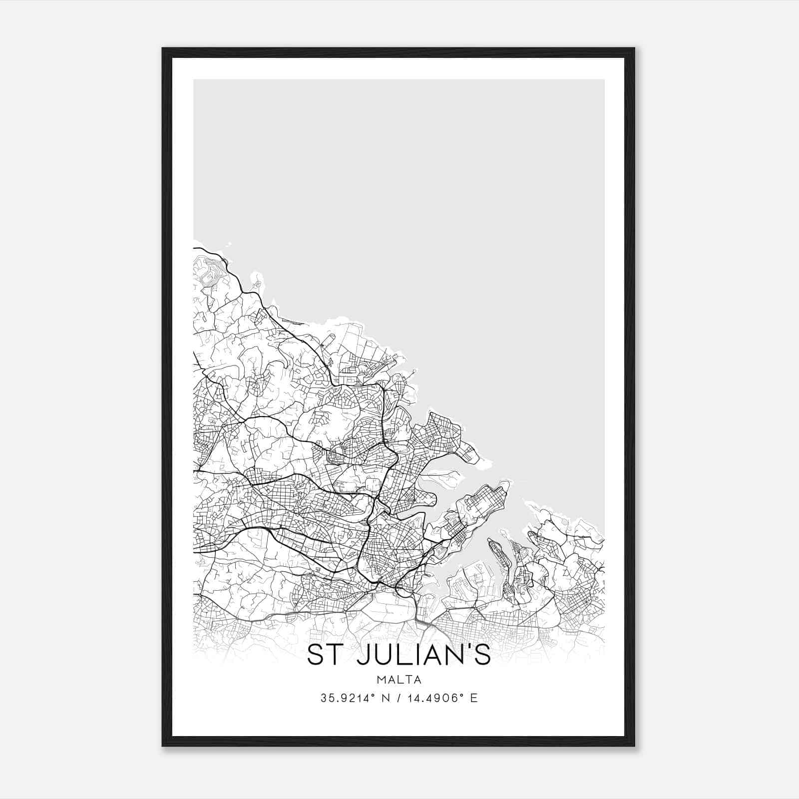 St Julians Malta Map Poster, St Julians City Road Wall Art Print