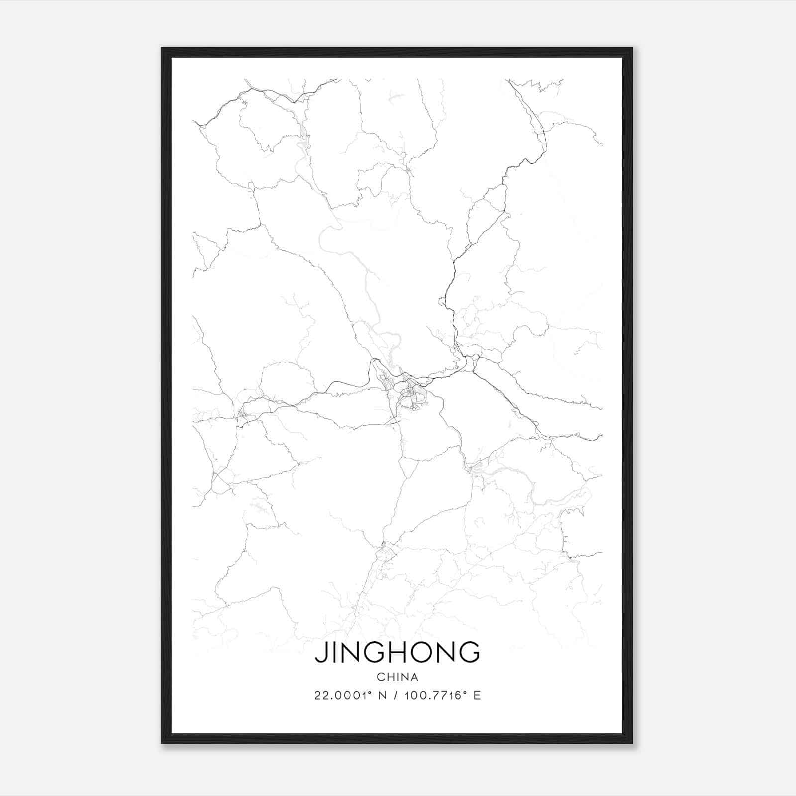 Jinghong China Map Poster, Jinghong City Road Wall Art Print