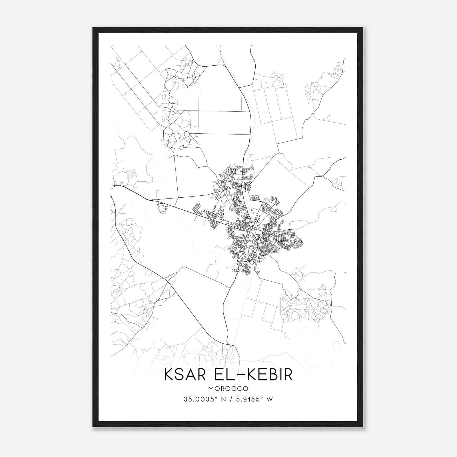 Ksar elKebir Morocco Map Poster, Ksar elKebir City Road Wall Art Print