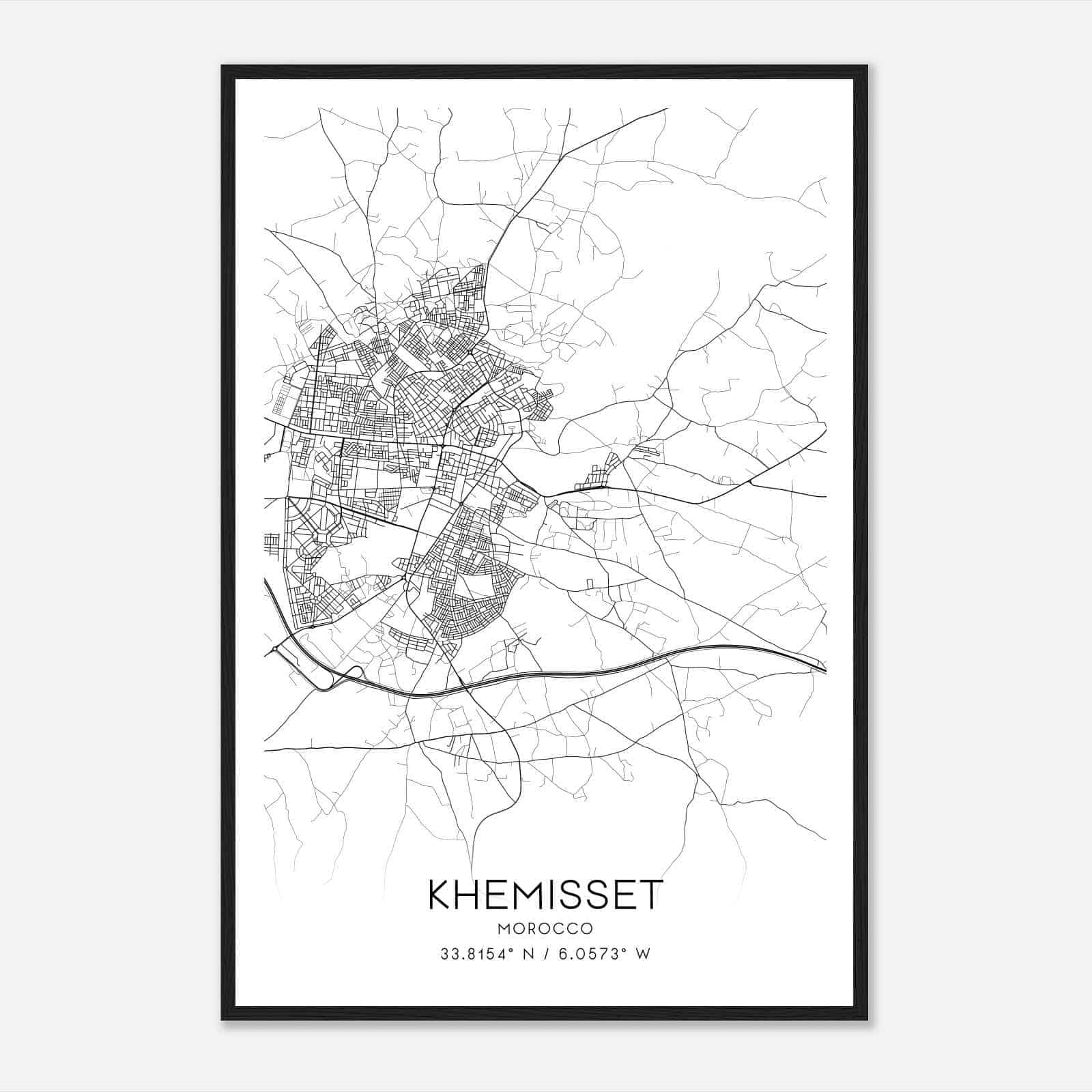 Khemisset Morocco Map Poster, Khemisset City Road Wall Art Print