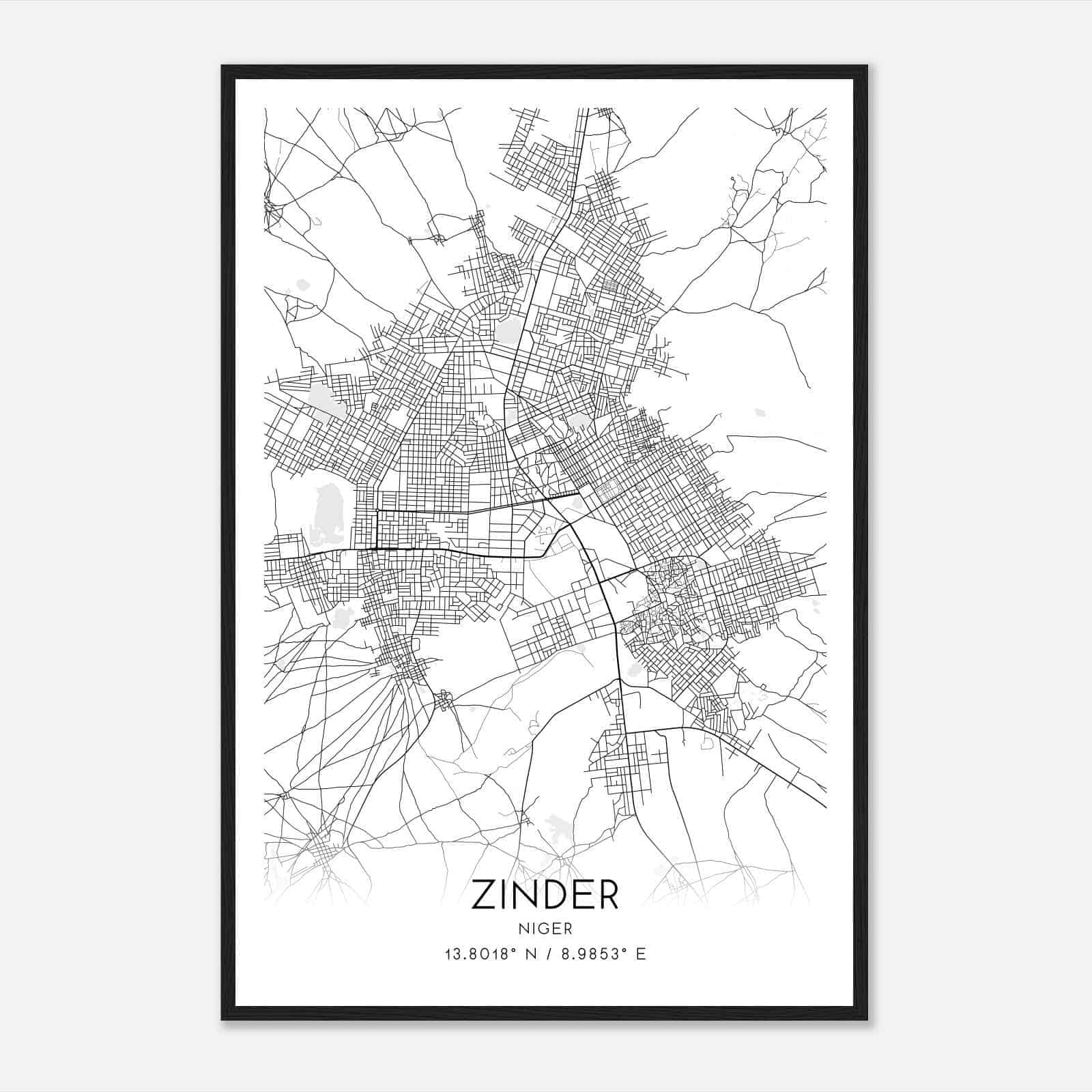 Zinder Niger Map Poster, Zinder City Road Wall Art Print