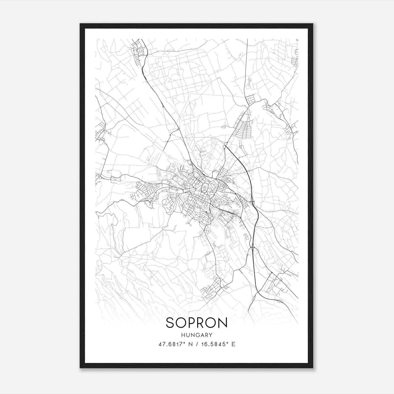 Sopron Hungary Map Poster, Sopron City Road Wall Art Print