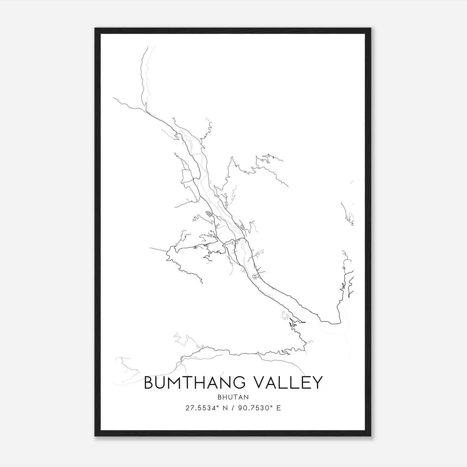 Bumthang Valley Bhutan Map Poster, Bumthang Valley City Road Wall Art Print
