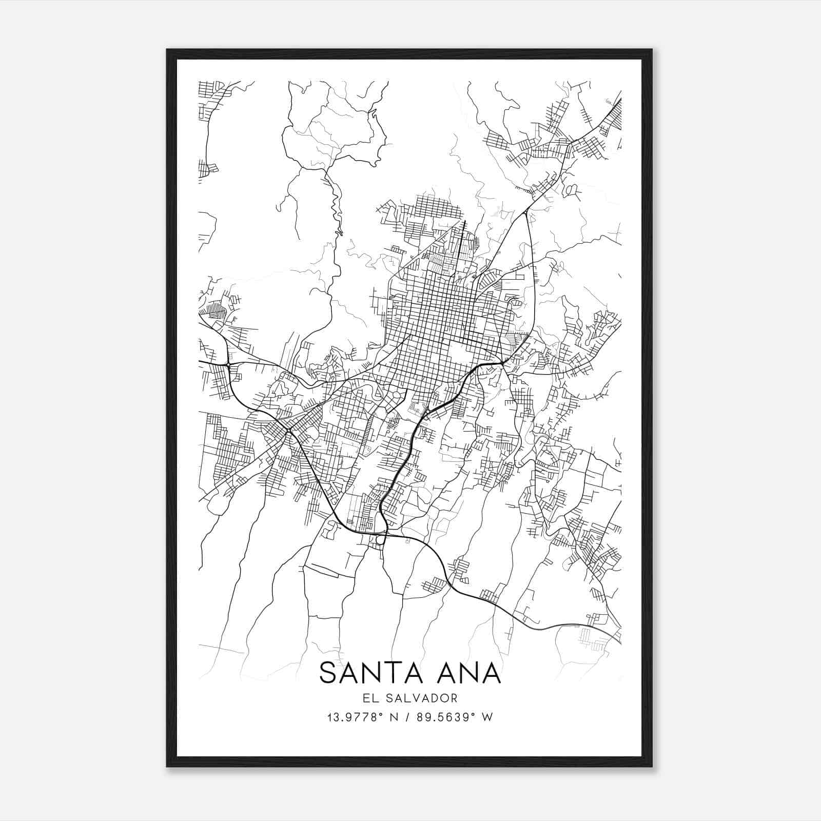 Santa Ana El Salvador Map Poster, Santa Ana City Road Wall Art Print