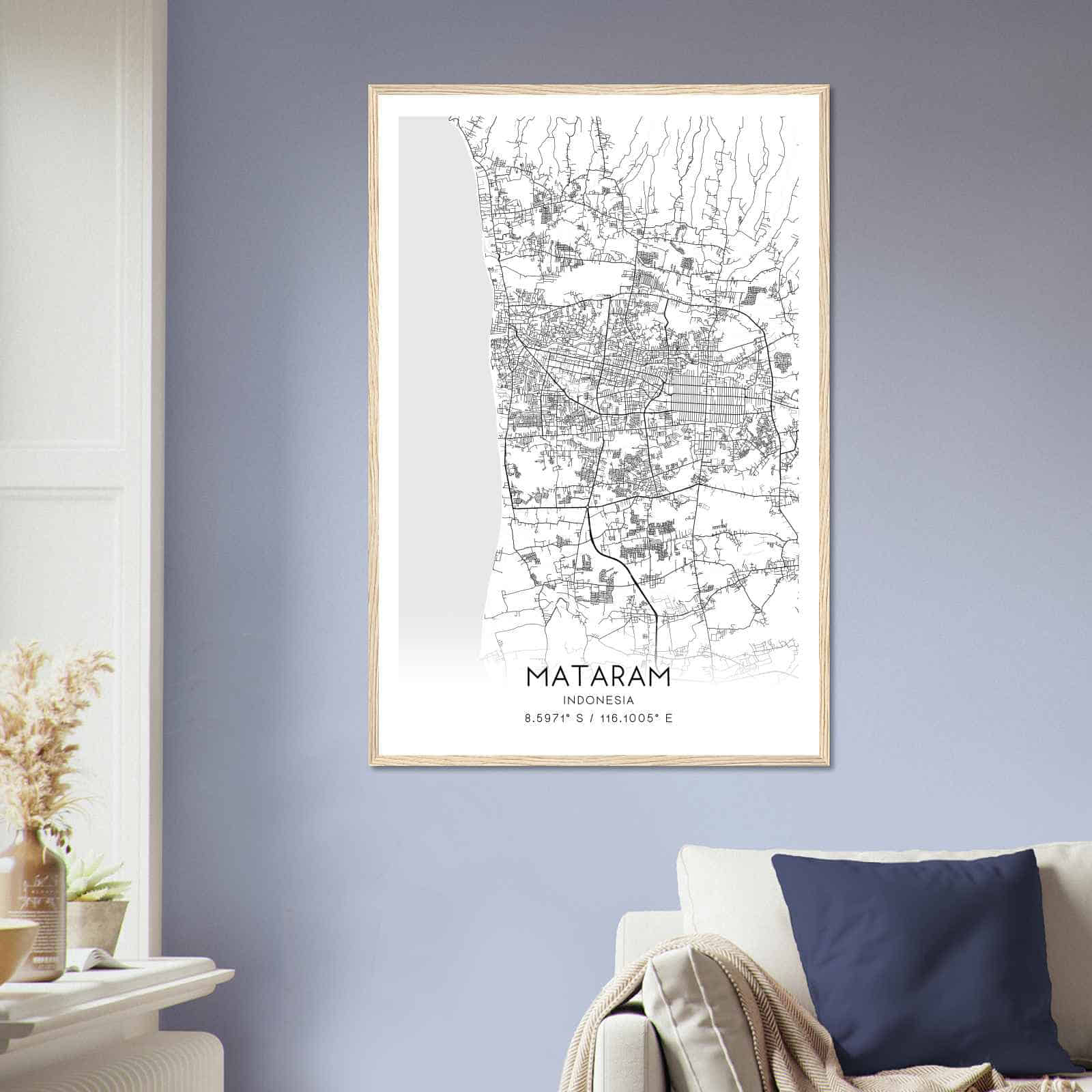 Mataram Indonesia Map Poster, Mataram City Road Wall Art Print