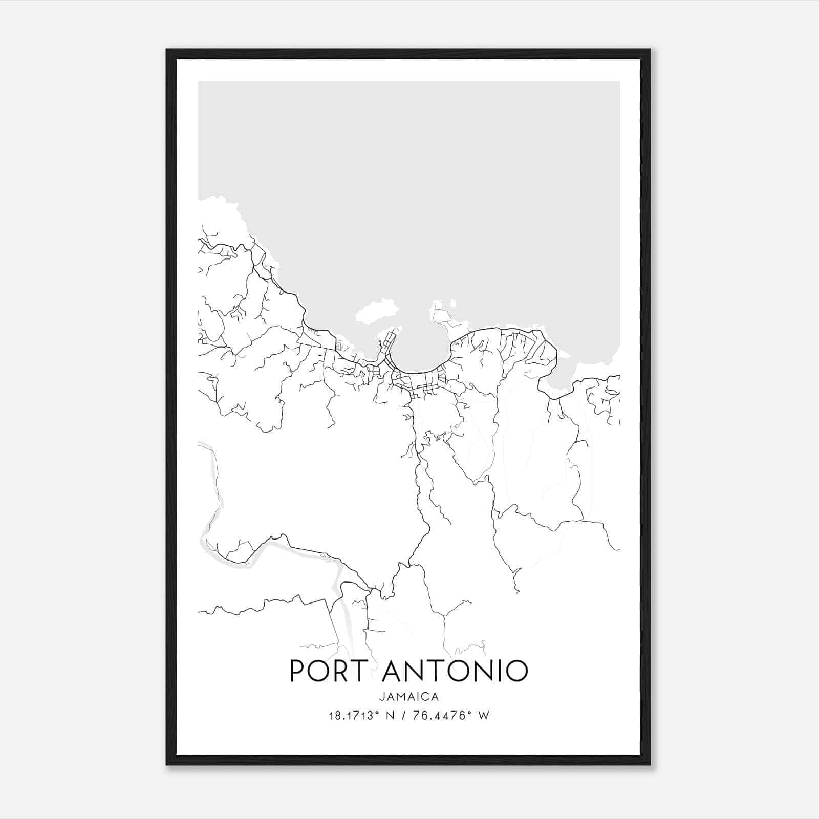 Port Antonio Jamaica Map Poster, Port Antonio City Road Wall Art Print