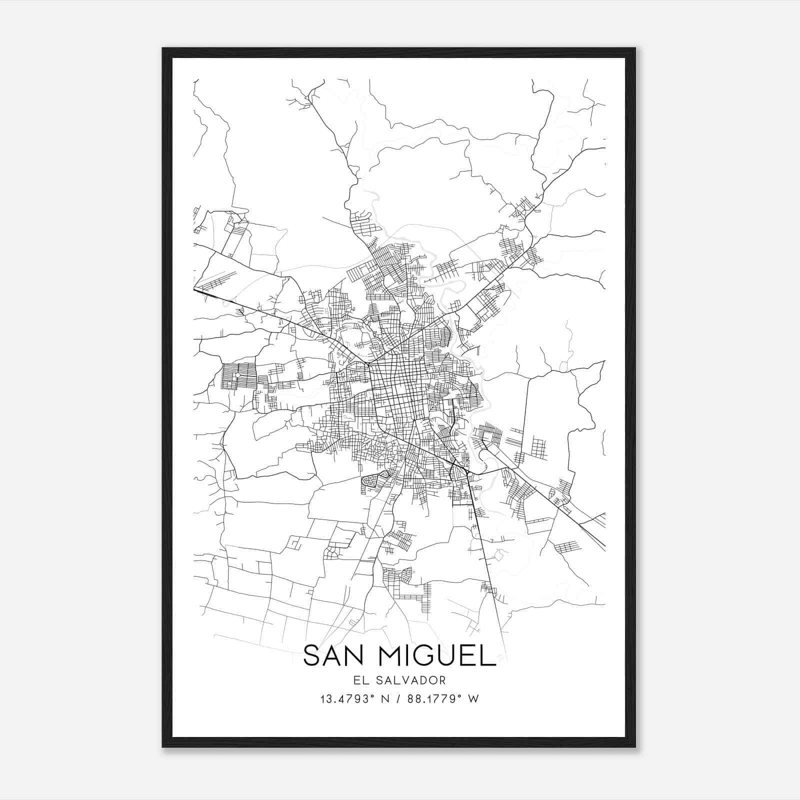 San Miguel El Salvador Map Poster, San Miguel City Road Wall Art Print