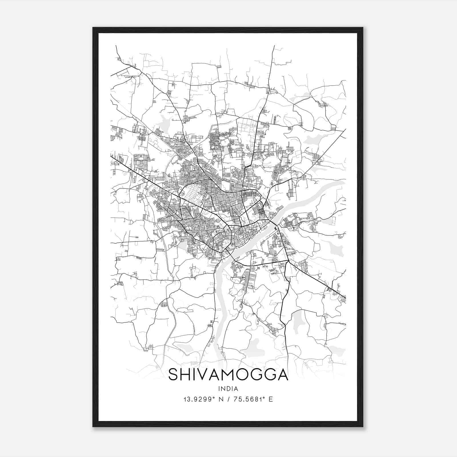 Shivamogga India Map Poster, Shivamogga City Road Wall Art Print