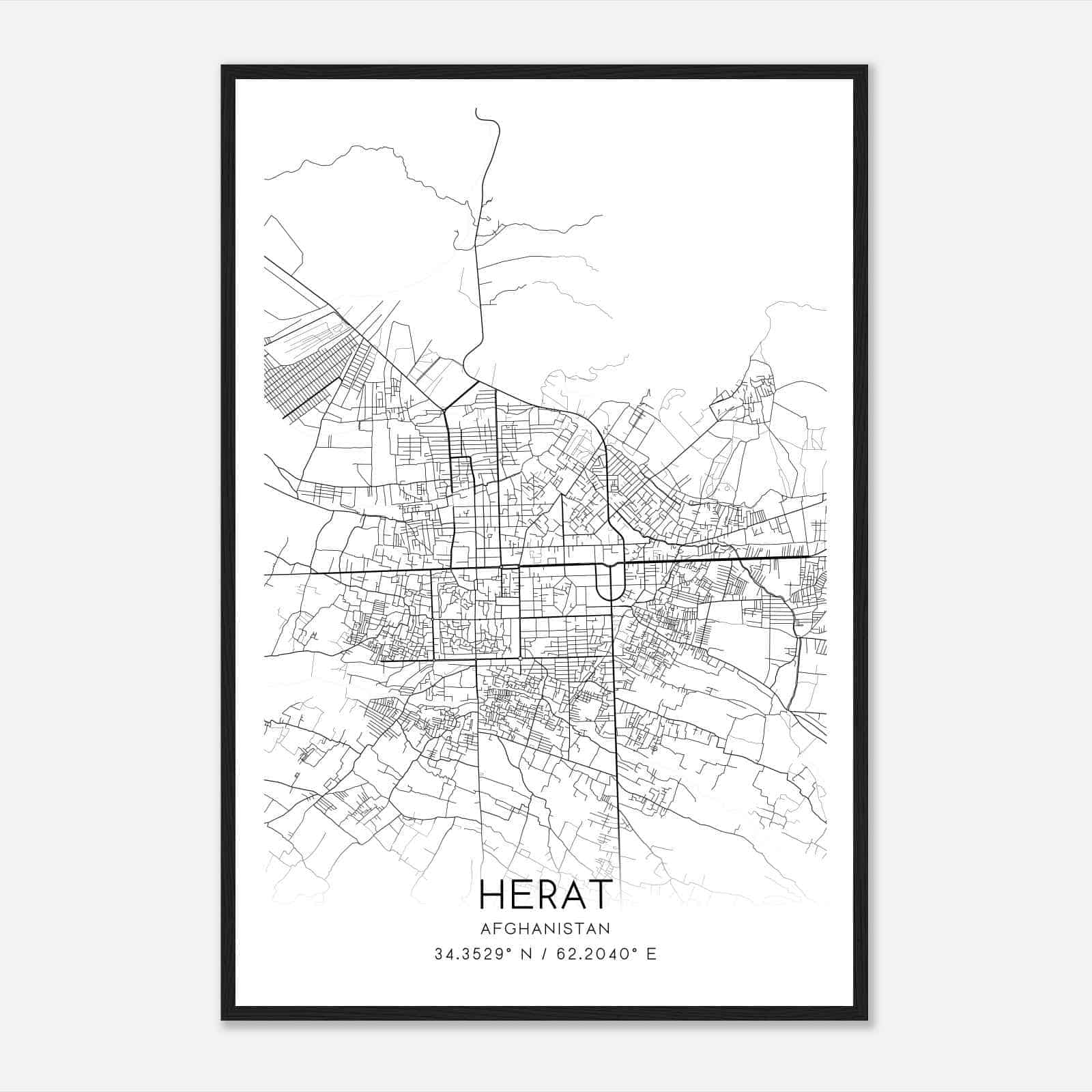 Herat Afghanistan Map Poster, Herat City Road Wall Art Print