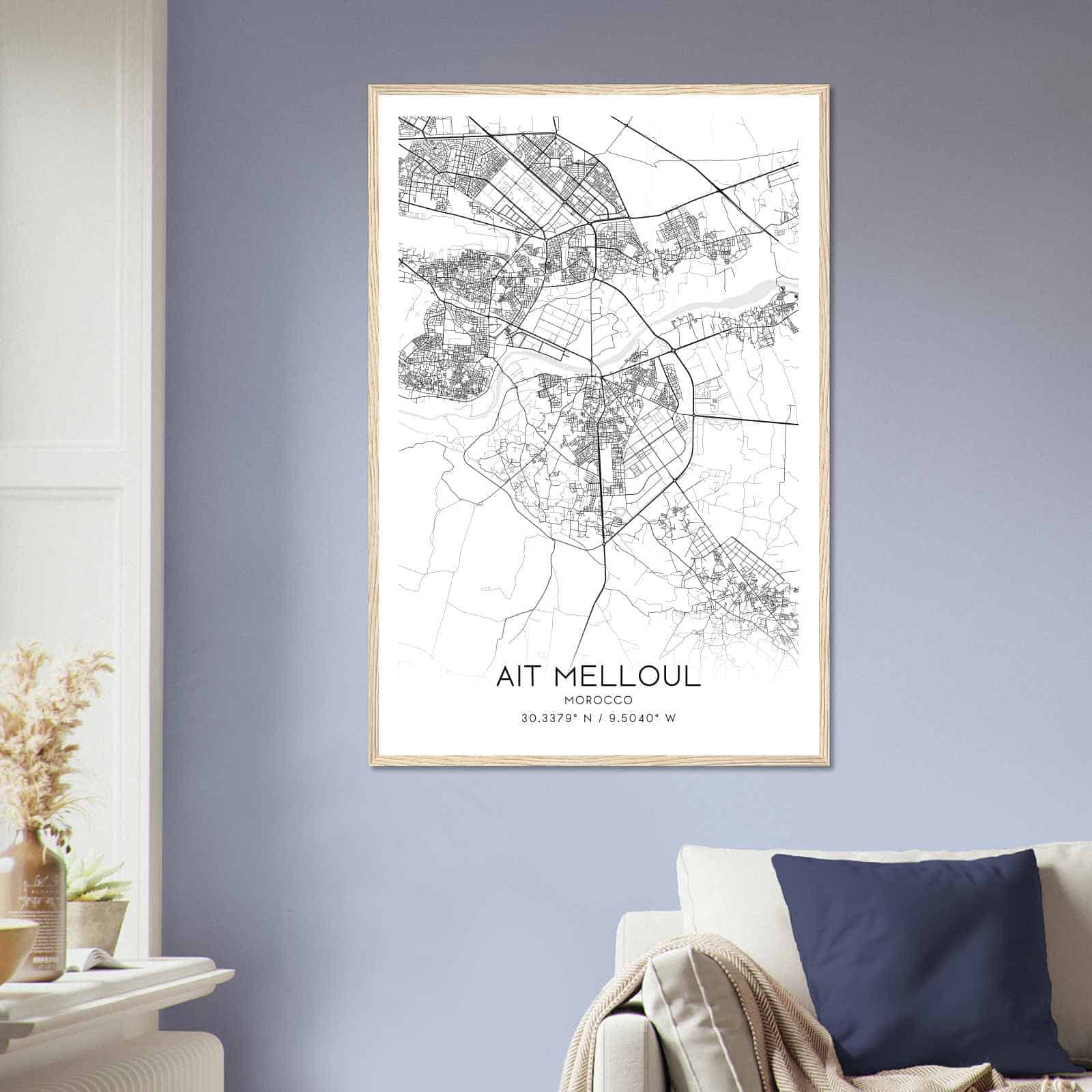 Ait Melloul Morocco Map Poster, Ait Melloul City Road Wall Art Print