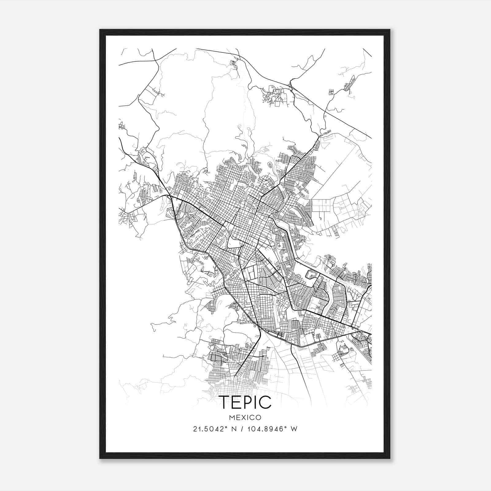 Tepic Mexico Map Poster, Tepic City Road Wall Art Print