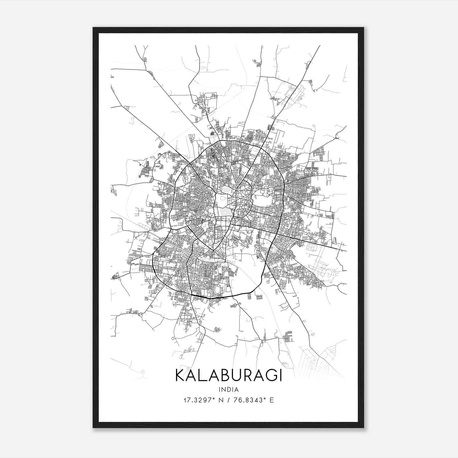 Kalaburagi India Map Poster, Kalaburagi City Road Wall Art Print