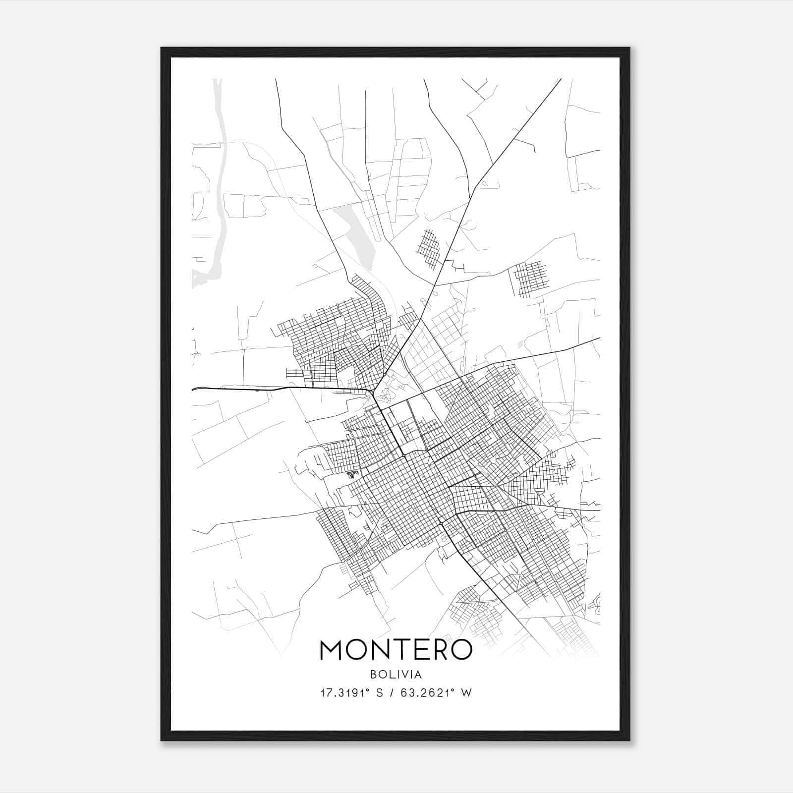 Montero Bolivia Map Poster, Montero City Road Wall Art Print