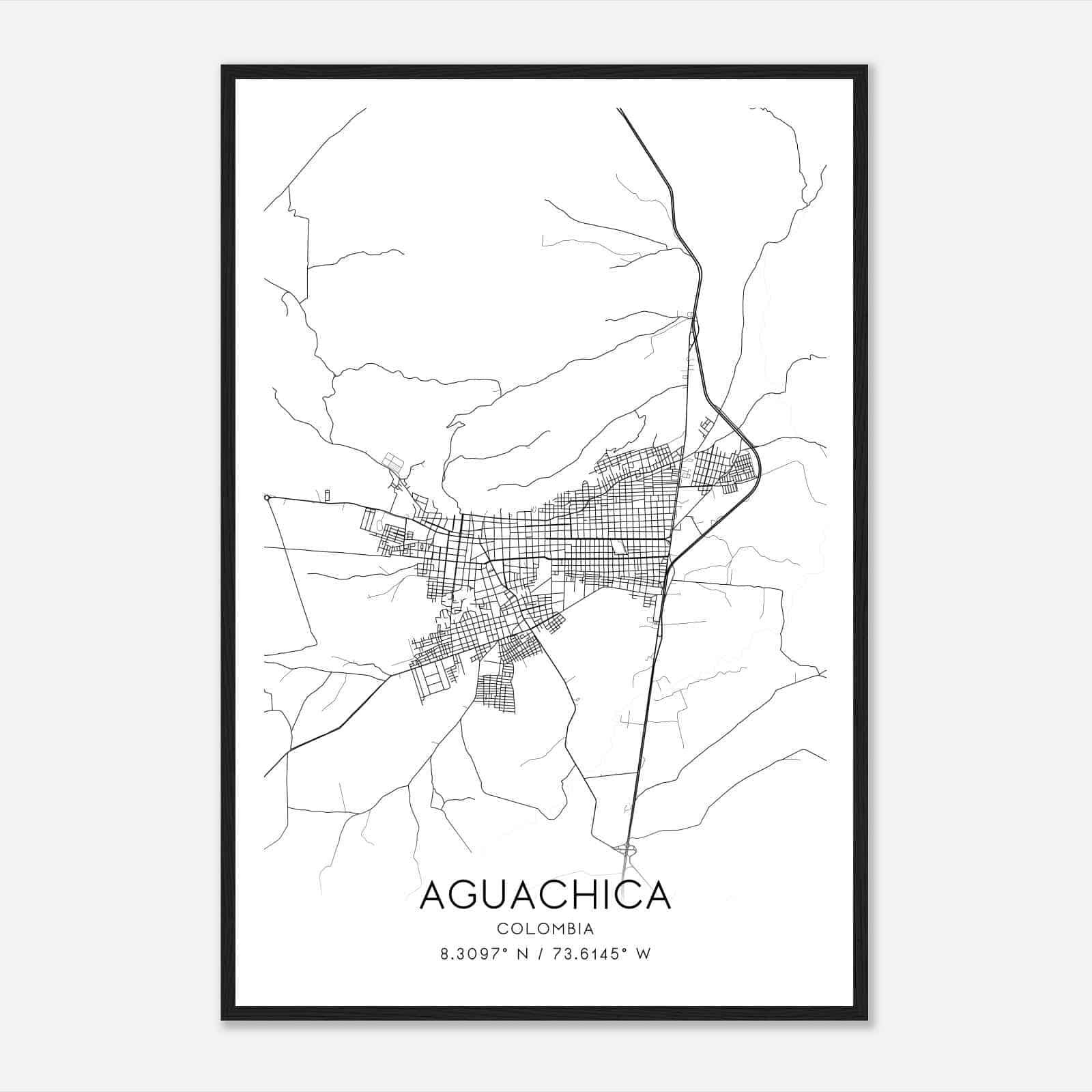 Aguachica Colombia Map Poster, Aguachica City Road Wall Art Print
