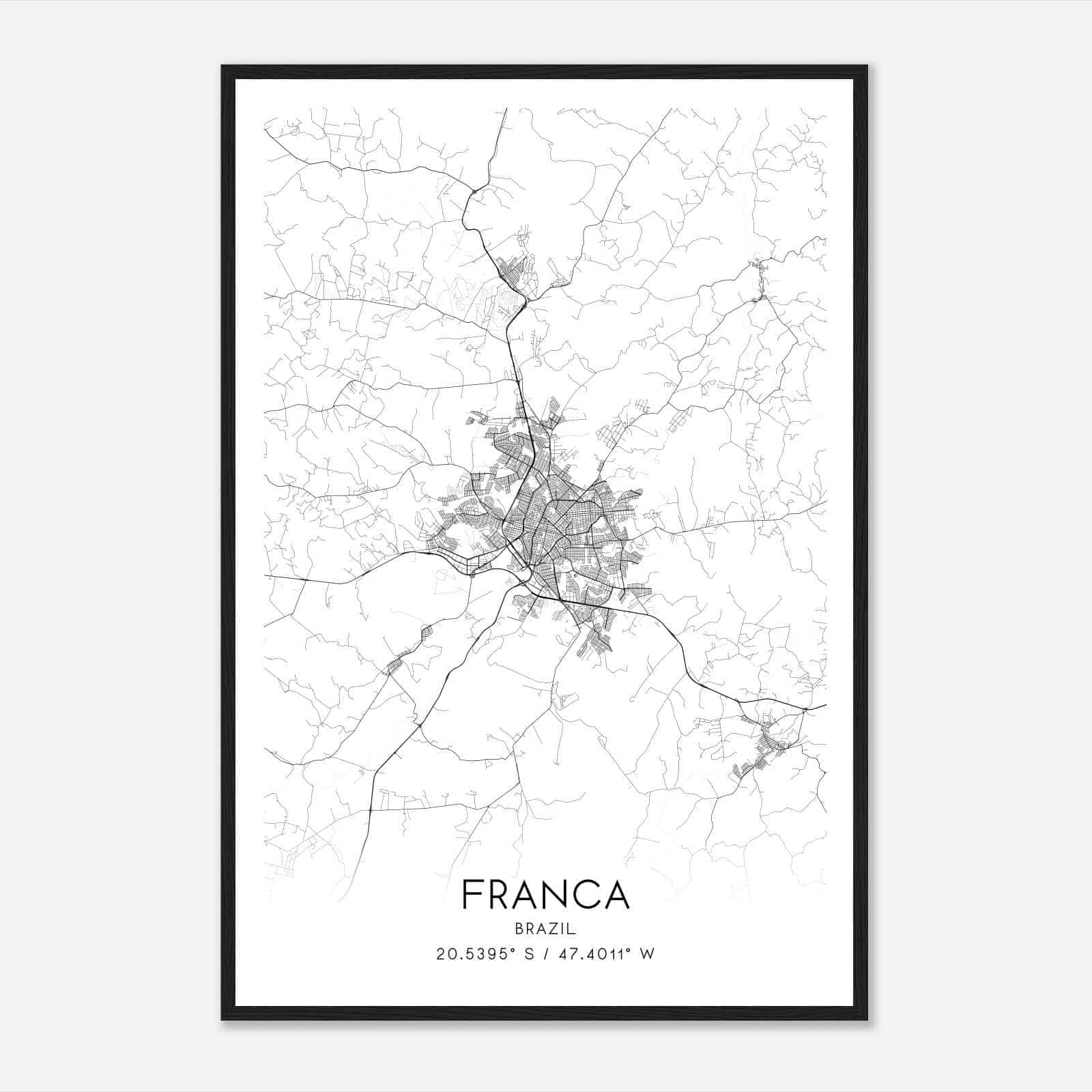 Franca Brazil Map Poster, Franca City Road Wall Art Print
