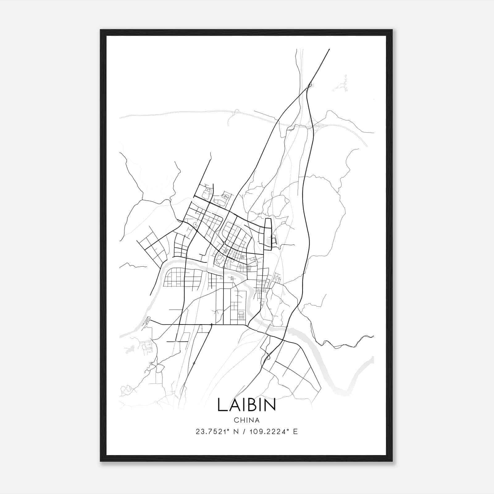 Laibin China Map Poster, Laibin City Road Wall Art Print