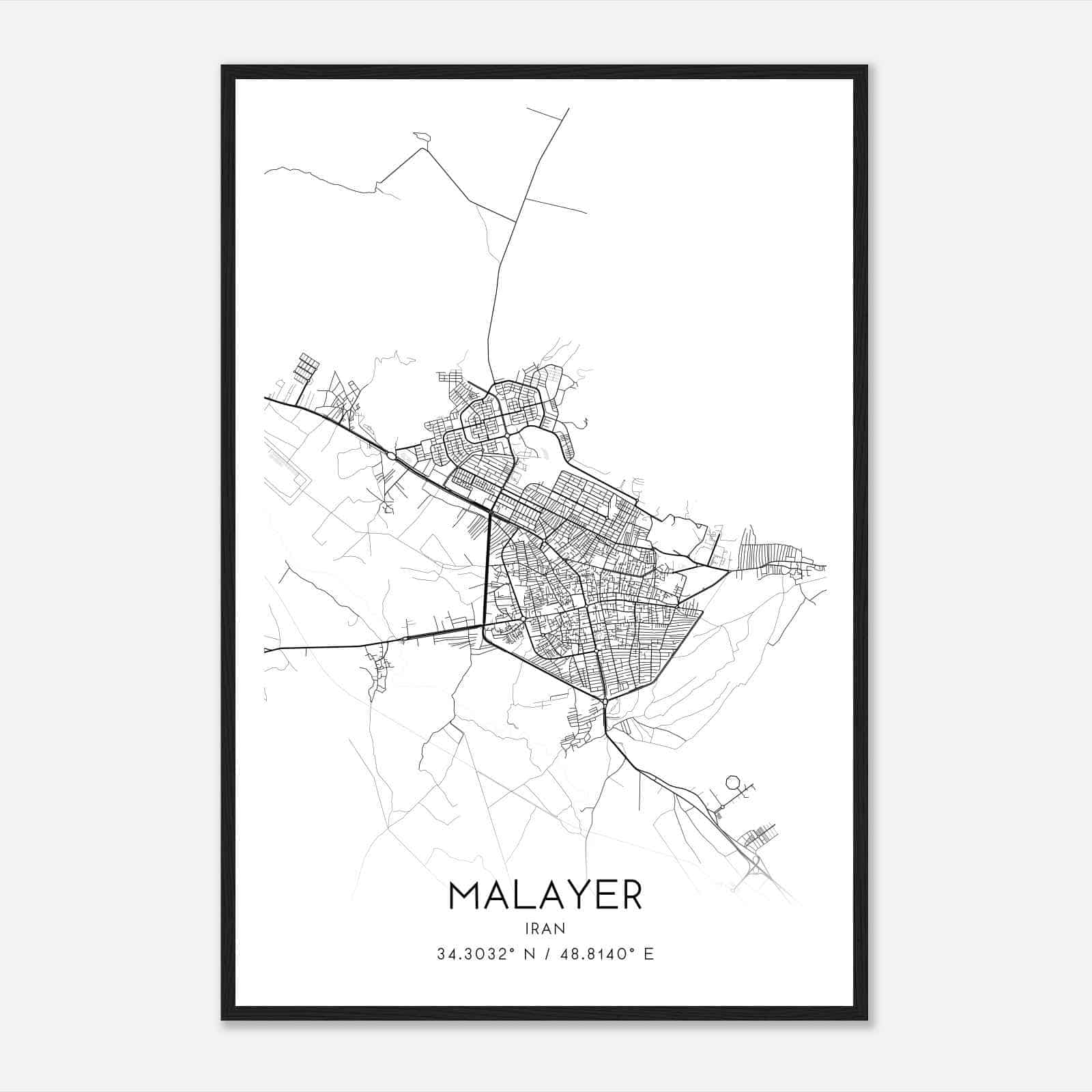 Malayer Iran Map Poster, Malayer City Road Wall Art Print