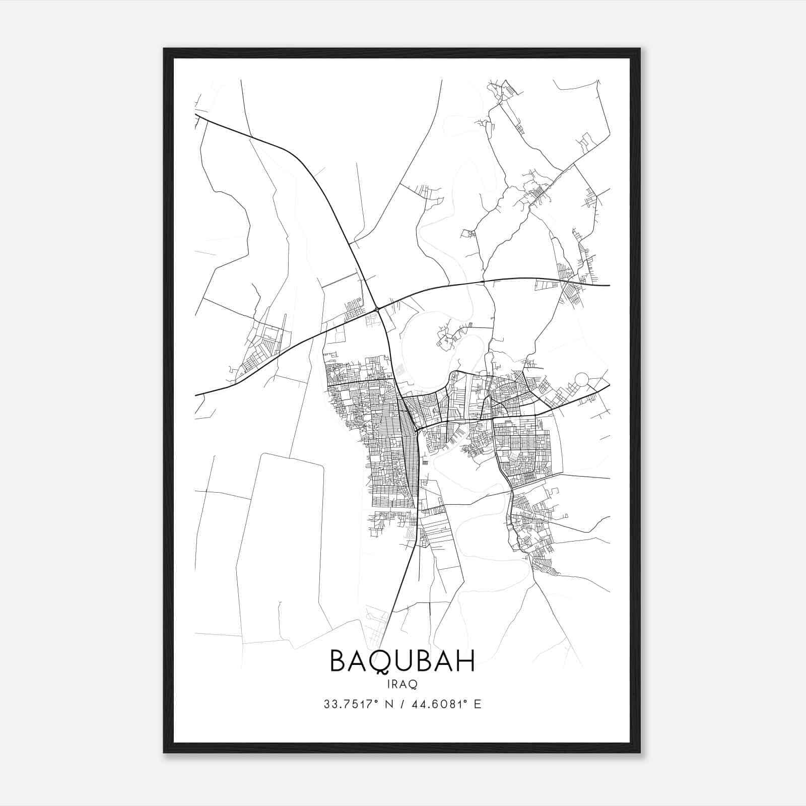 Baqubah Iraq Map Poster, Baqubah City Road Wall Art Print