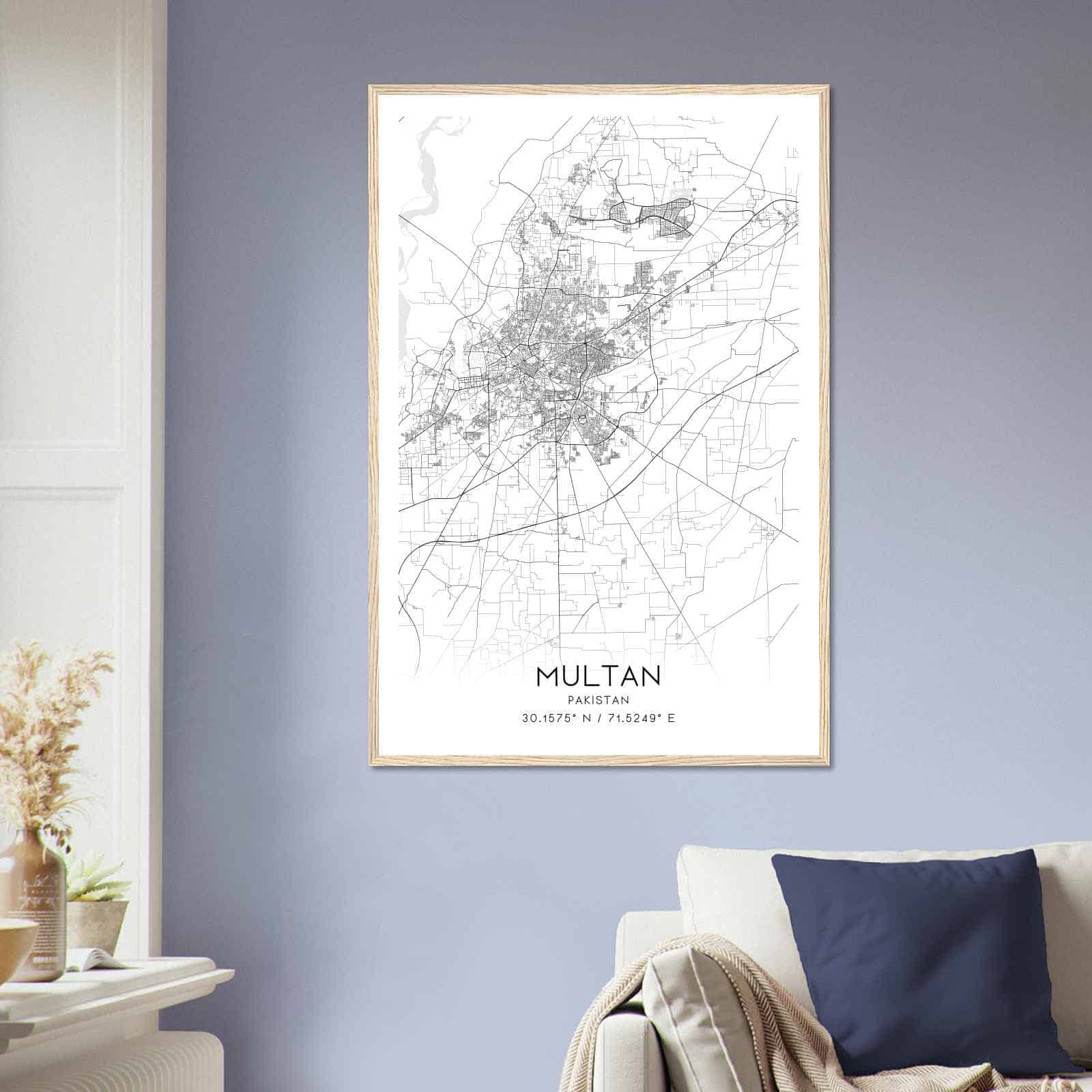 Multan Pakistan Map Poster, Multan City Road Wall Art Print