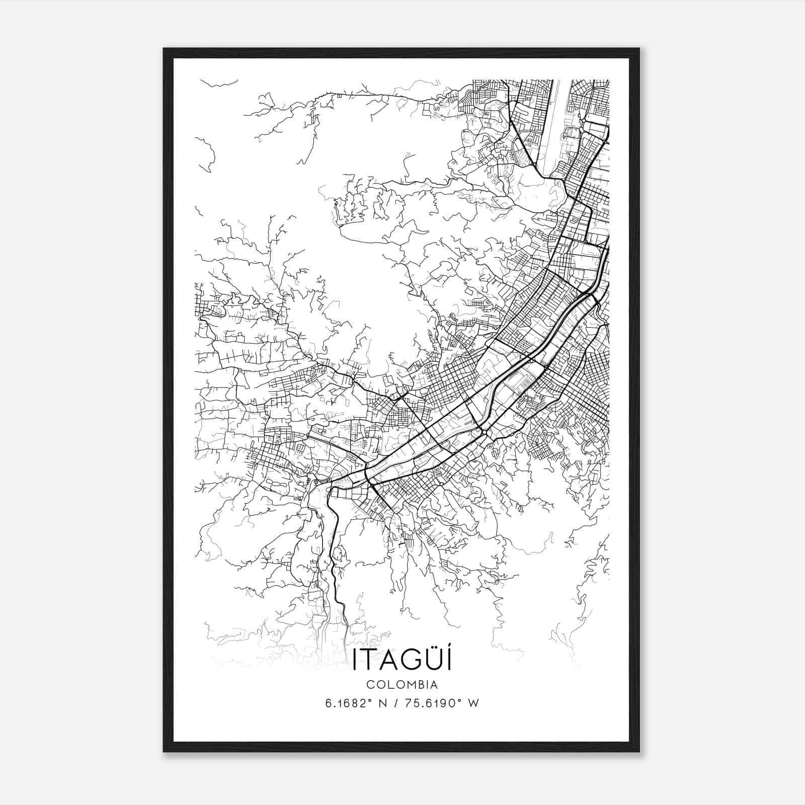 Itagui Colombia Map Poster, Itagui City Road Wall Art Print