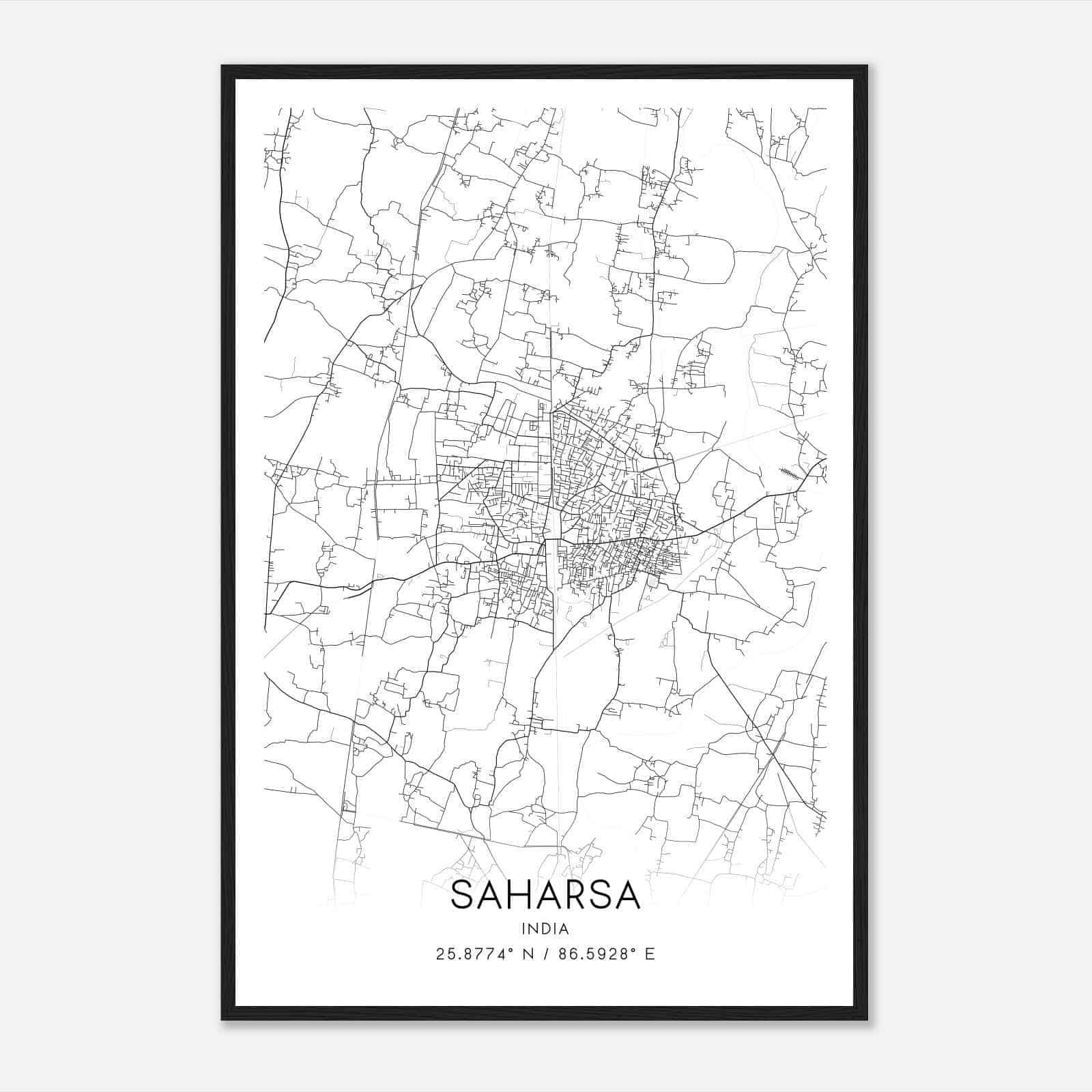 Saharsa India Map Poster, Saharsa City Road Wall Art Print