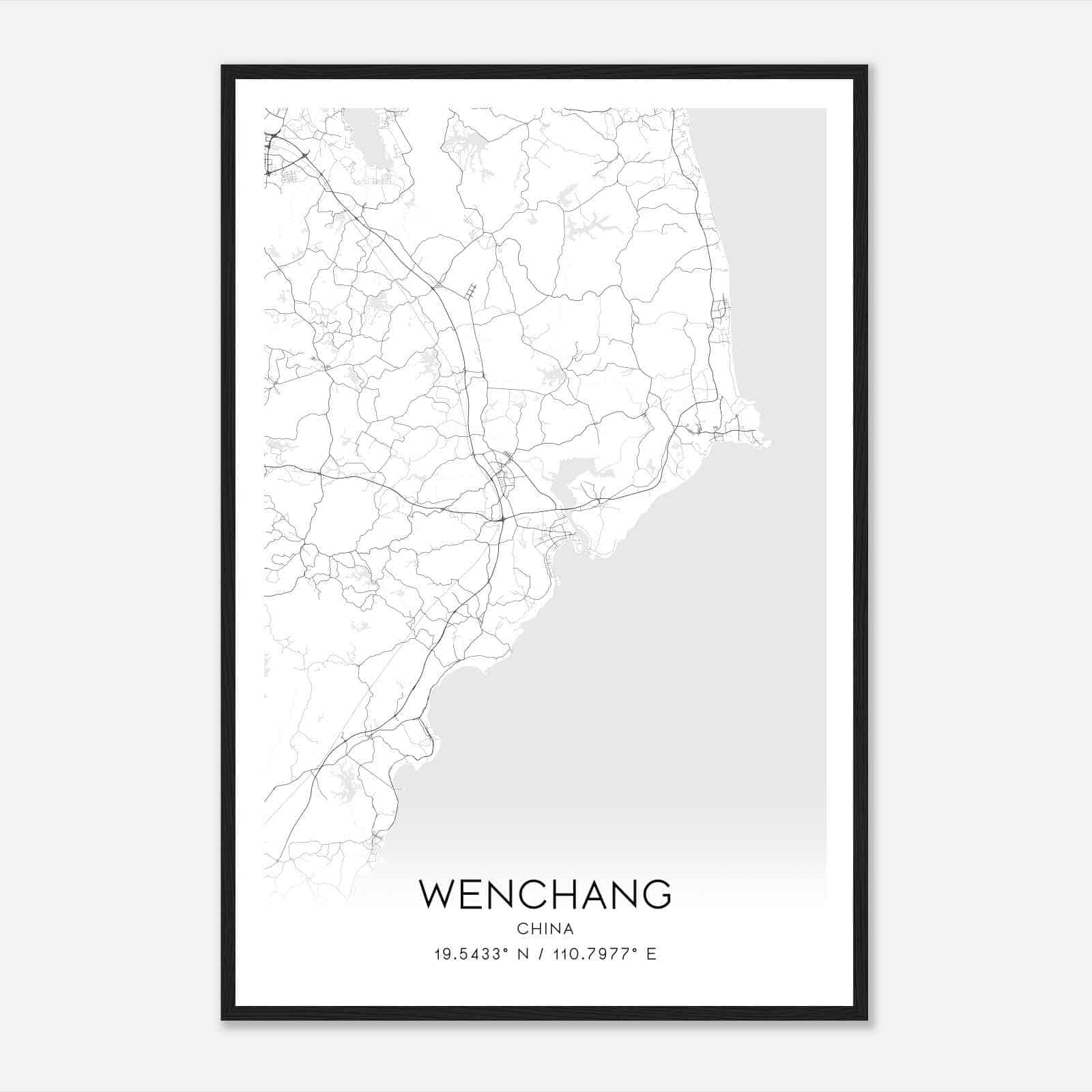 Wenchang China Map Poster, Wenchang City Road Wall Art Print