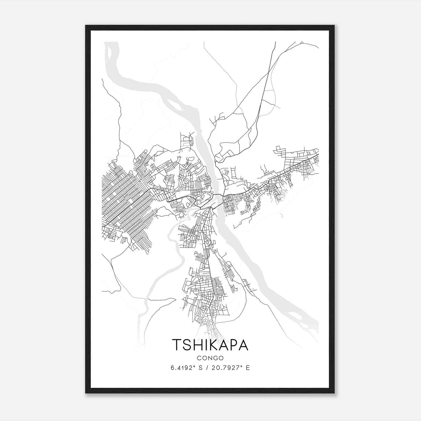 Tshikapa Congo Map Poster, Tshikapa City Road Wall Art Print