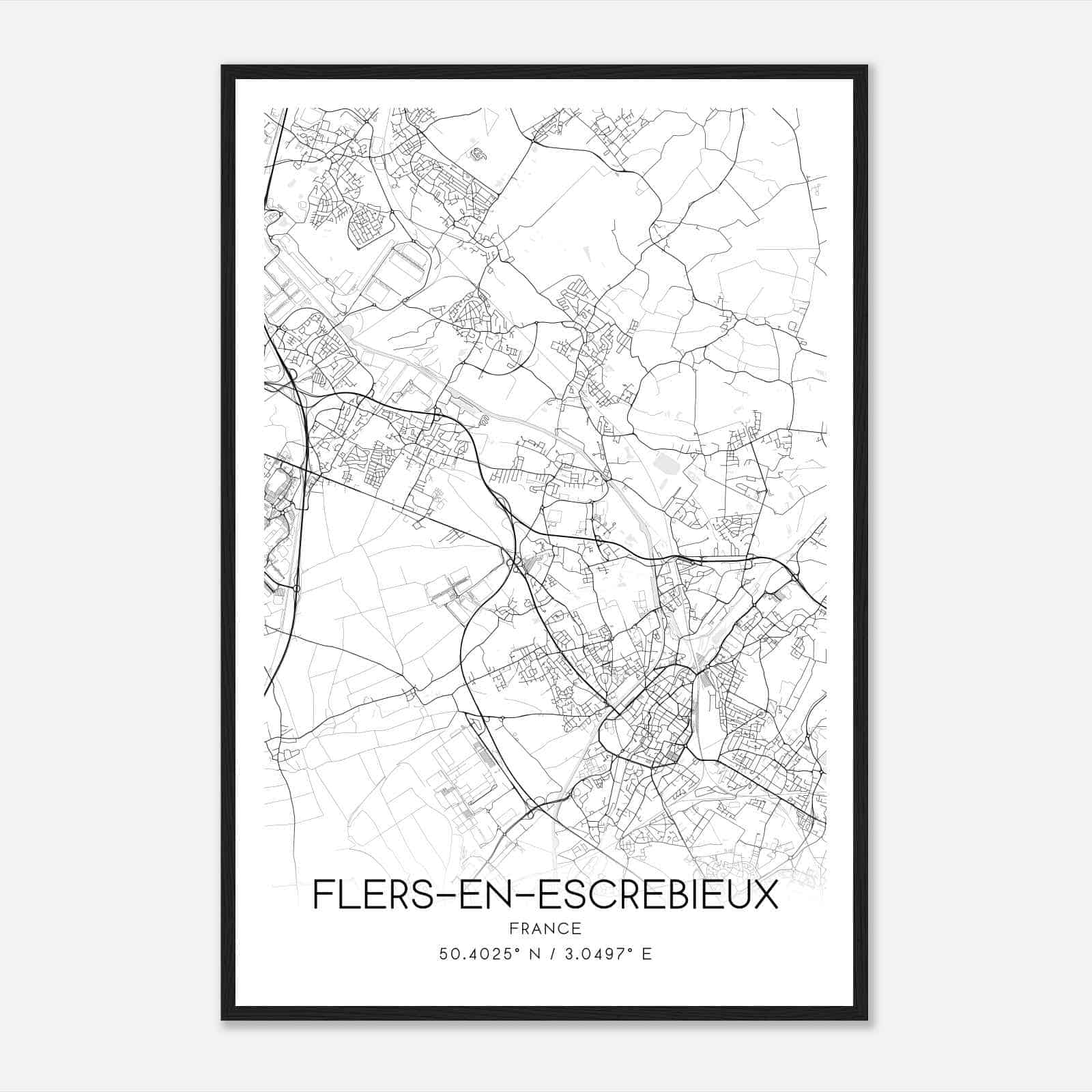 Flers-en-Escrebieux France Map Poster, Modern Home Decor Wall Art Print