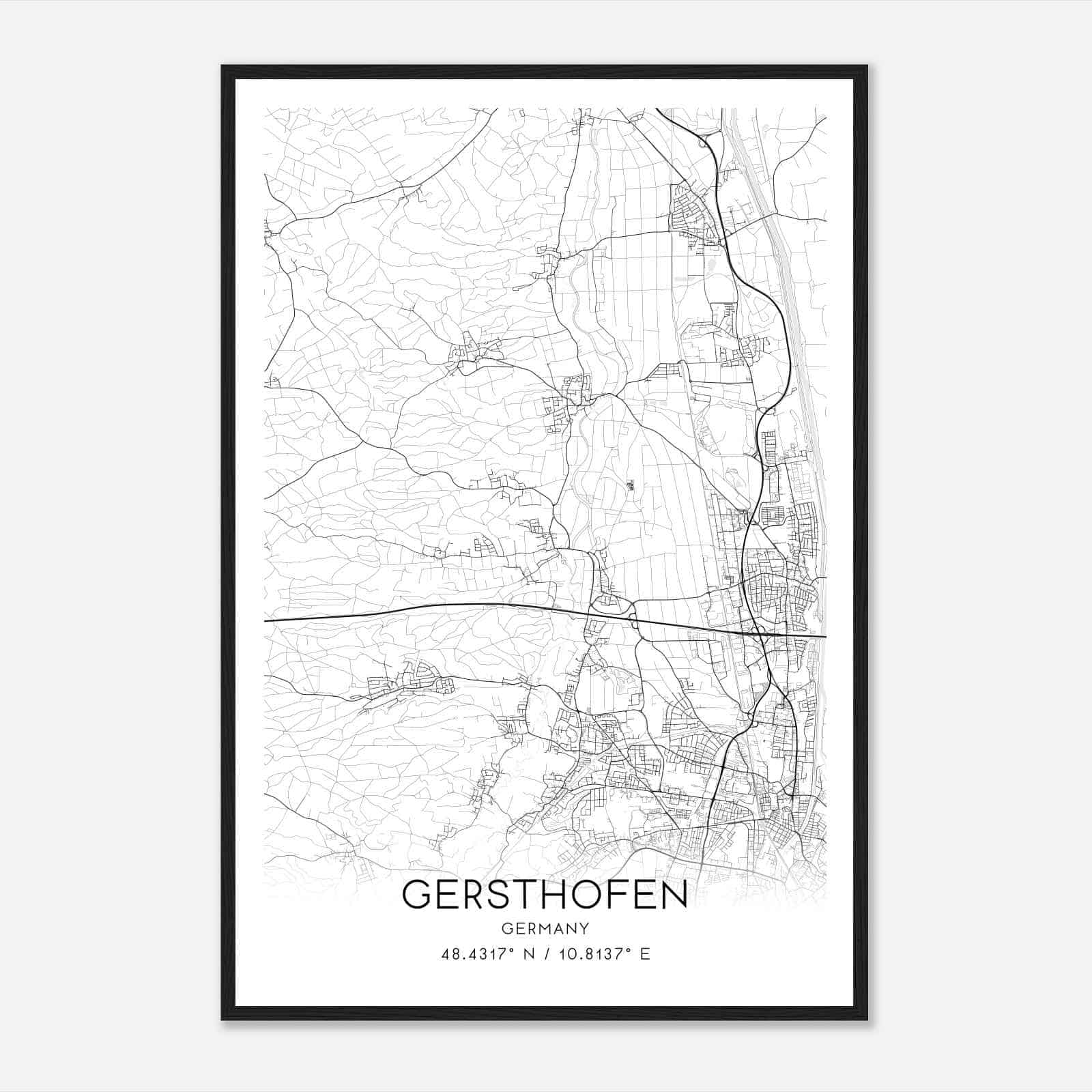 Gersthofen Germany Map Poster, Modern Home Decor Wall Art Print