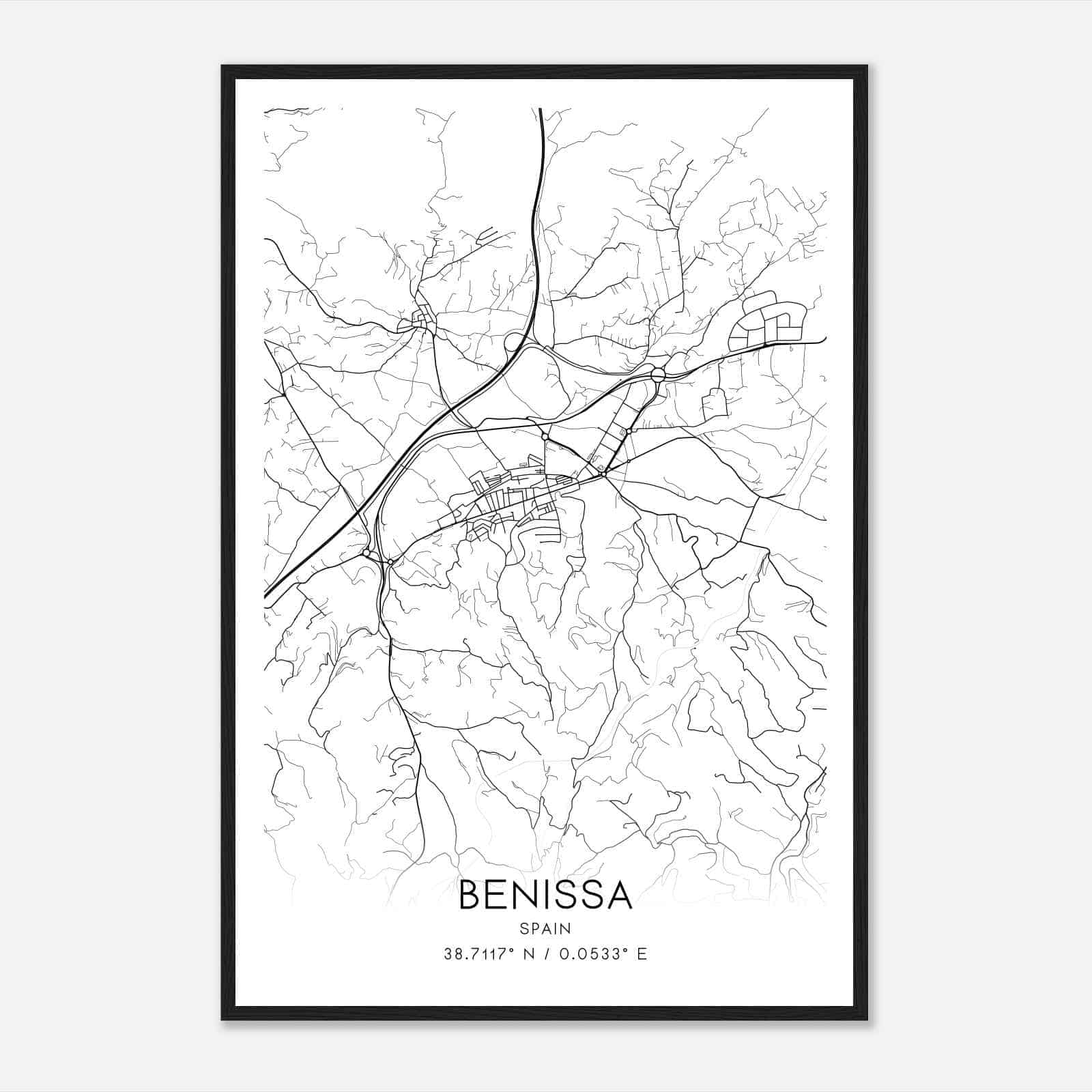 Benisa Spain Map Poster, Modern Home Decor Wall Art Print