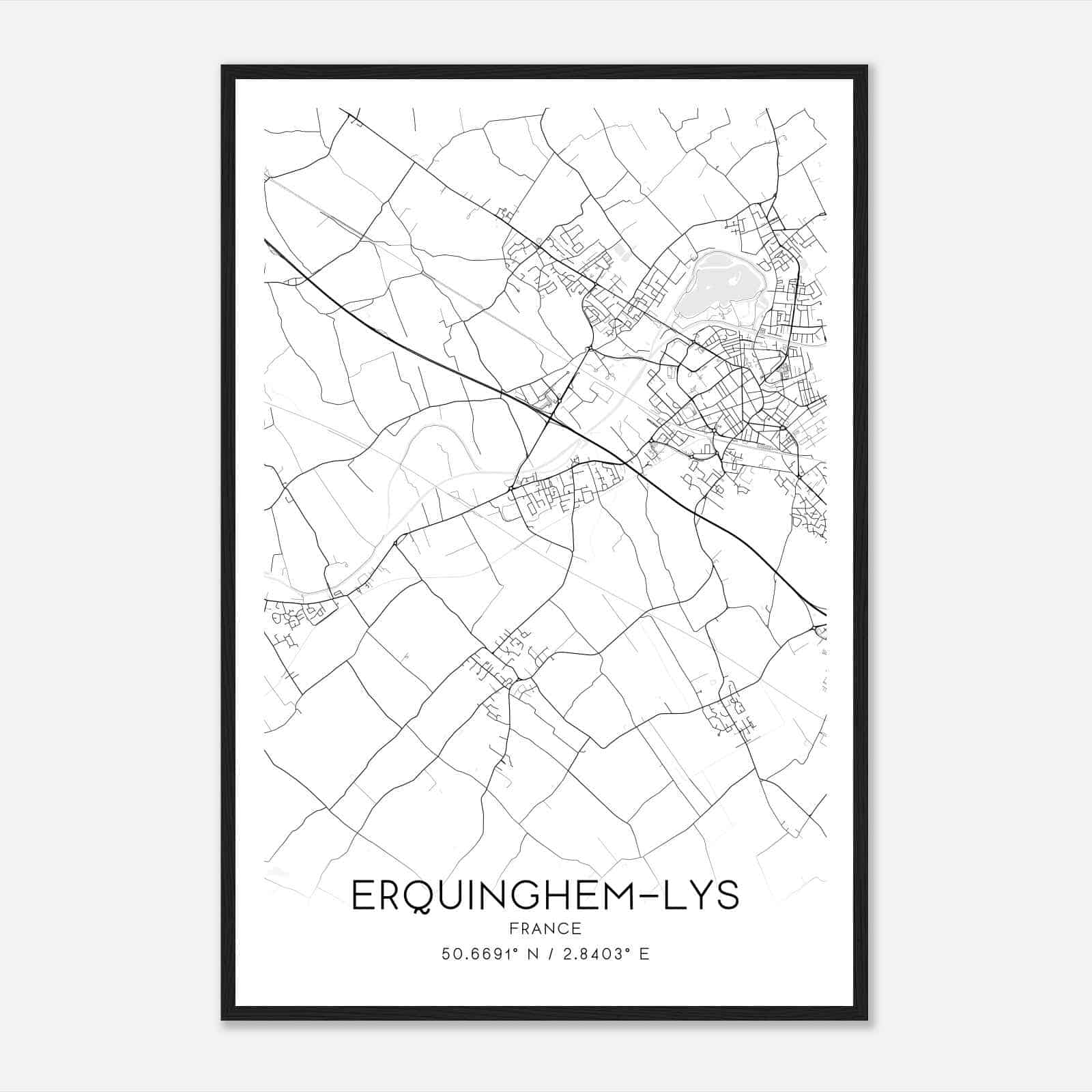 Erquinghem-Lys France Map Poster, Modern Home Decor Wall Art Print