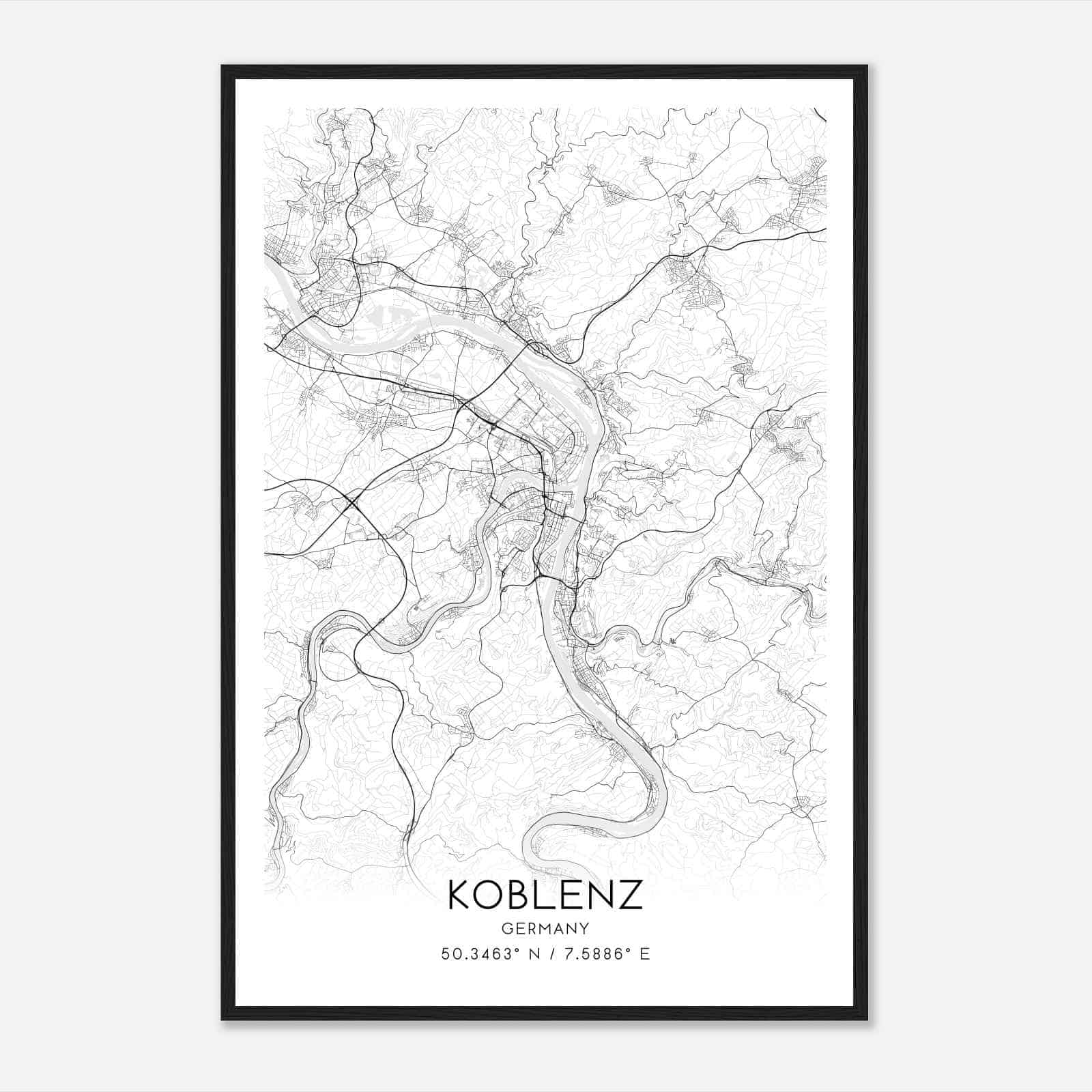 Koblenz Germany Map Poster, Modern Home Decor Wall Art Print
