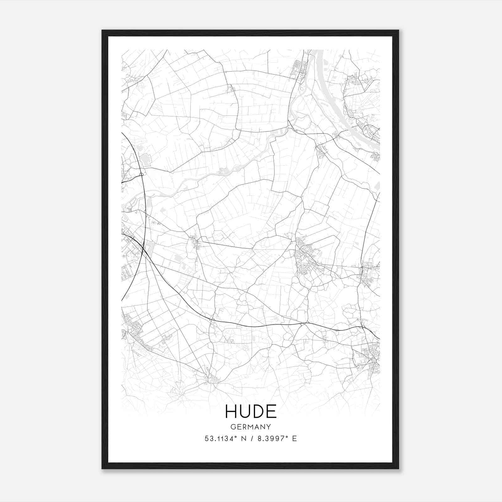 Hude Germany Map Poster, Modern Home Decor Wall Art Print