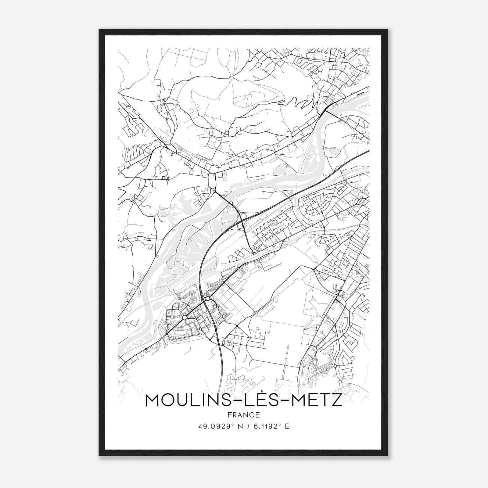 Moulins-les-Metz France Map Poster, Modern Home Decor Wall Art Print