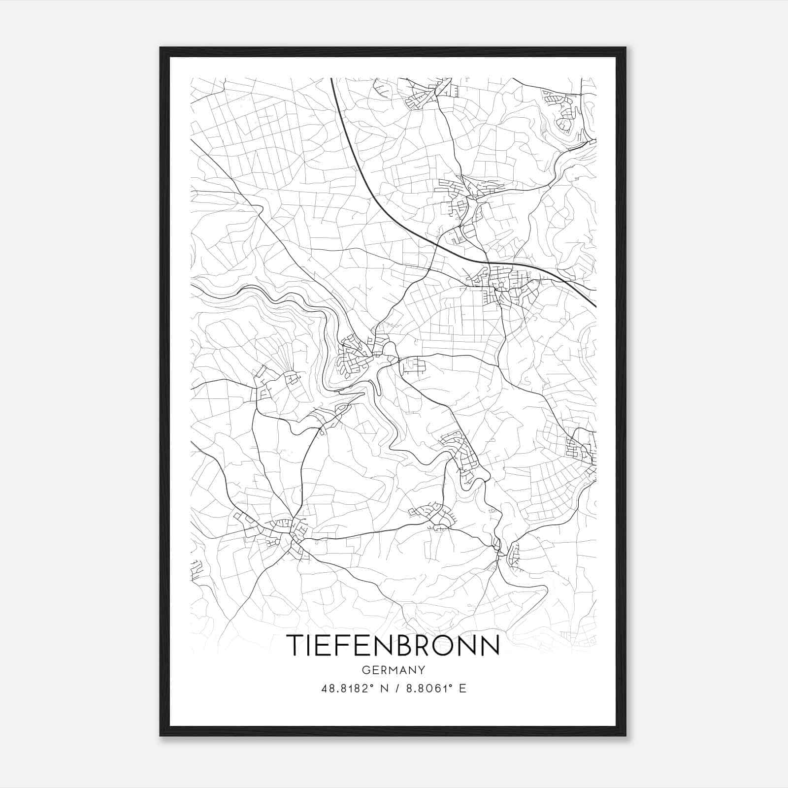 Tiefenbronn Germany Map Poster, Modern Home Decor Wall Art Print
