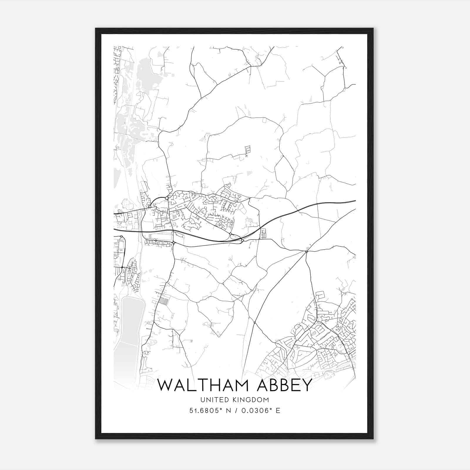 Waltham Abbey United Kingdom Map Poster, Modern Home Decor Wall Art Print