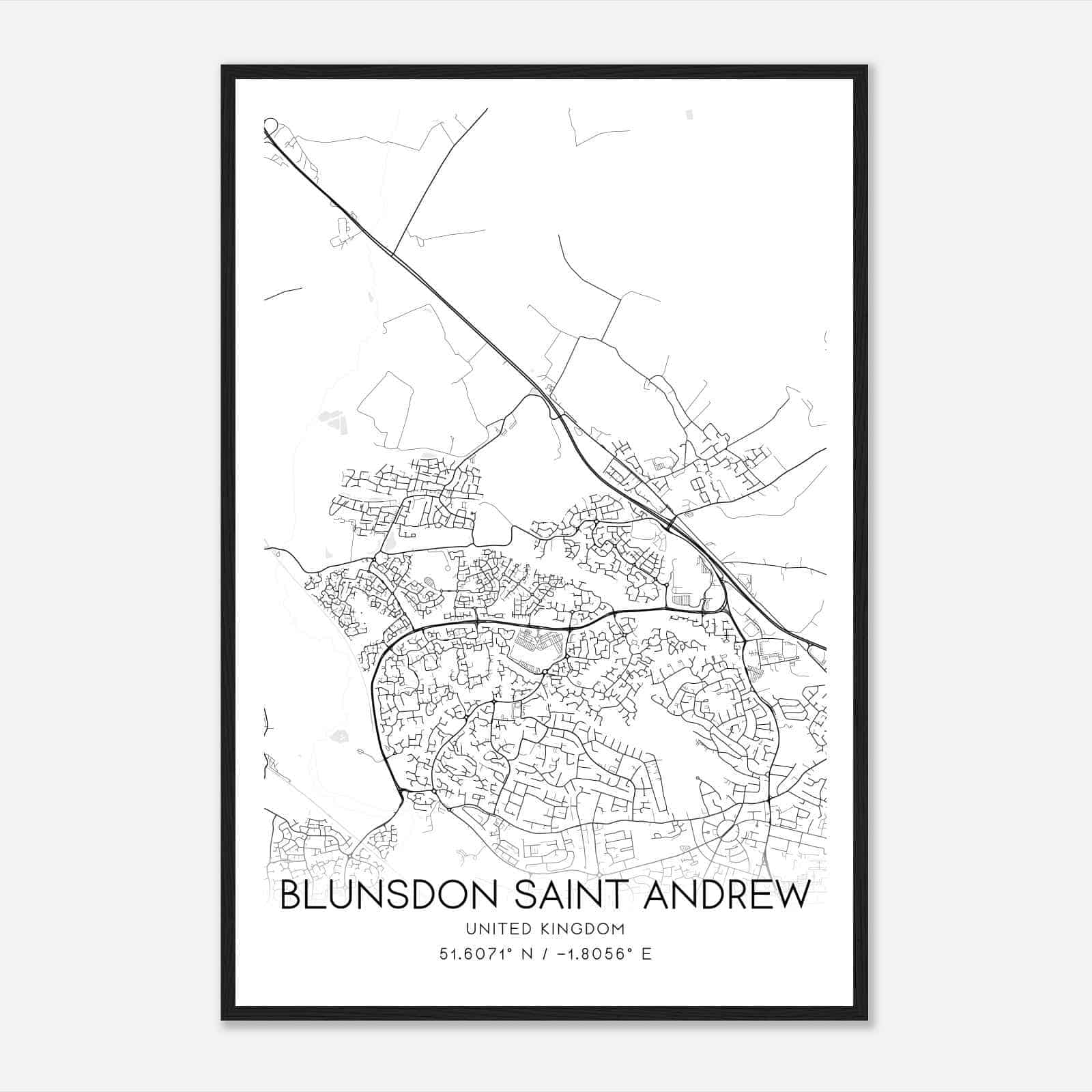 Blunsdon Saint Andrew United Kingdom Map Poster, Modern Home Decor Wall Art Print
