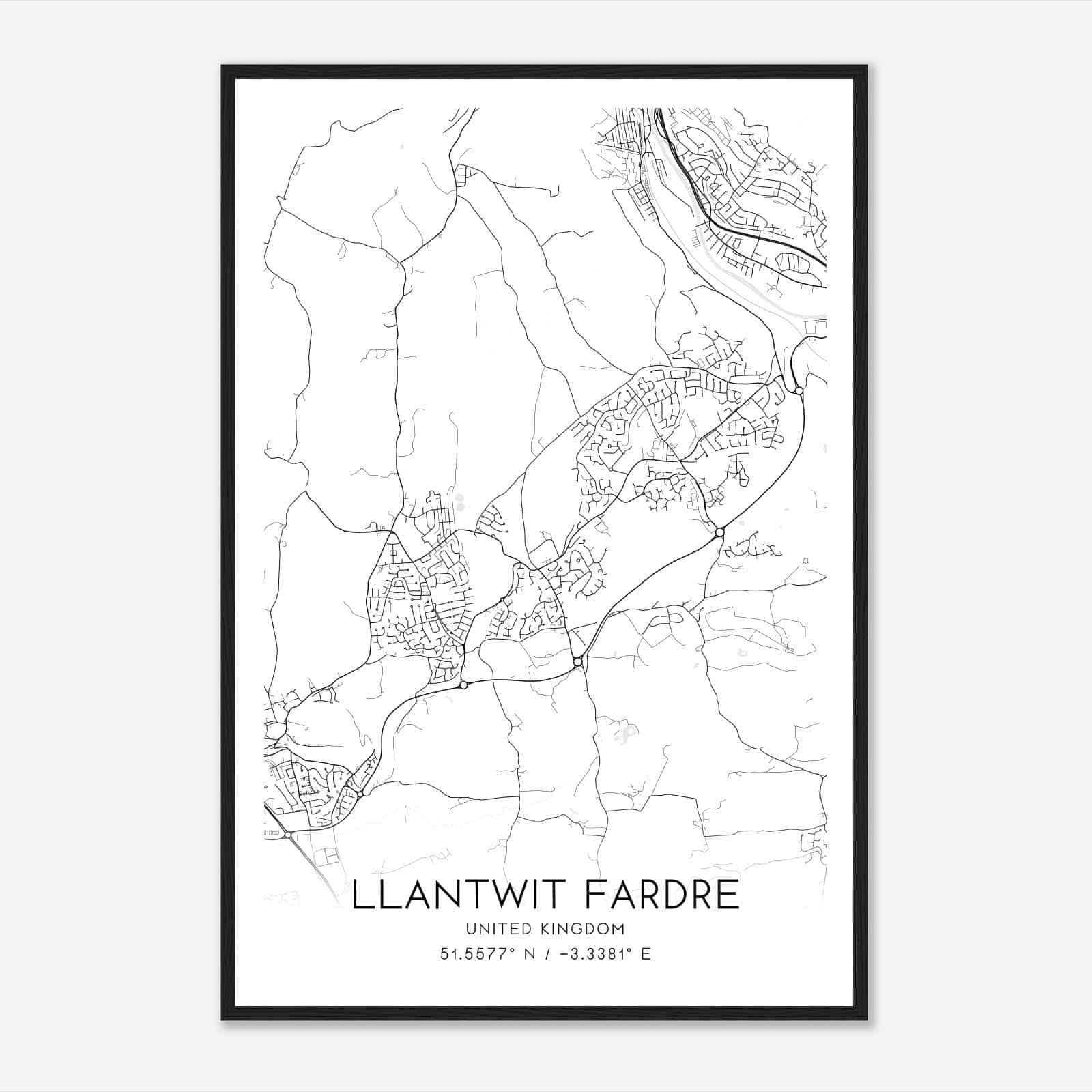 Llantwit Fardre United Kingdom Map Poster, Modern Home Decor Wall Art Print